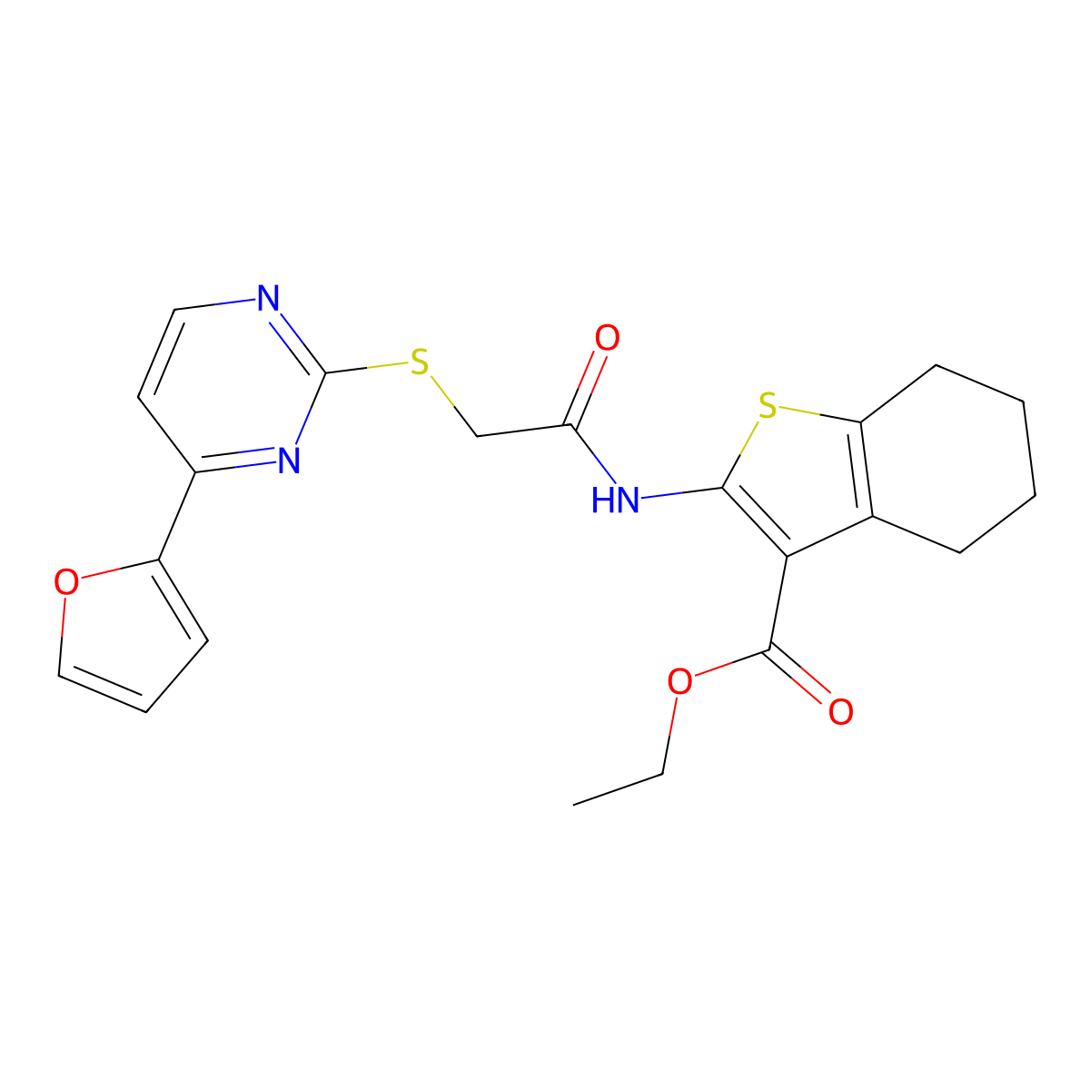 Ethyl 2-[({[4-(furan-2-yl)pyrimidin-2-yl]sulfanyl}acetyl)amino]-4,5,6,7-tetrahydro-1-benzothiophene-3-carboxylate molecular structure, CAS 678189-35-0