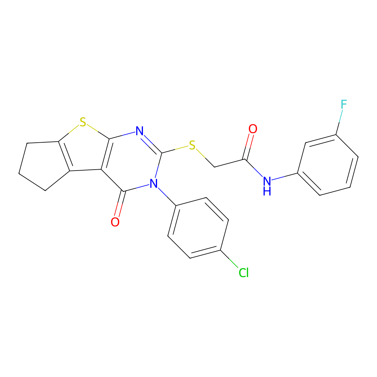2-{[3-(4-chlorophenyl)-4-oxo-3,5,6,7-tetrahydro-4H-cyclopenta[4,5]thieno[2,3-d]pyrimidin-2-yl]sulfanyl}-N-(3-fluorophenyl)acetamide molecular structure, CAS 678190-15-3