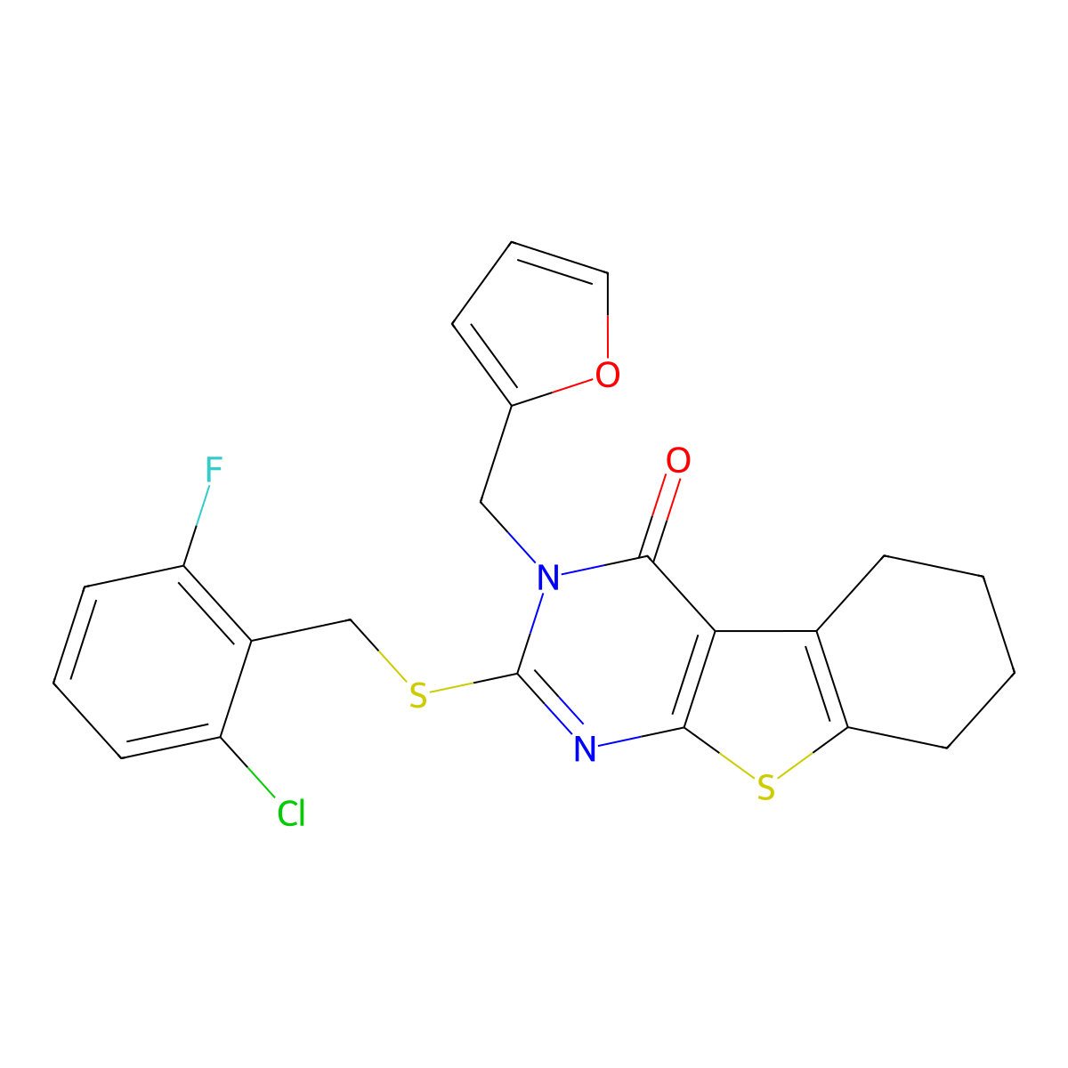 2-[(2-chloro-6-fluorobenzyl)sulfanyl]-3-(furan-2-ylmethyl)-5,6,7,8-tetrahydro[1]benzothieno[2,3-d]pyrimidin-4(3H)-one molecular structure, CAS 678190-69-7