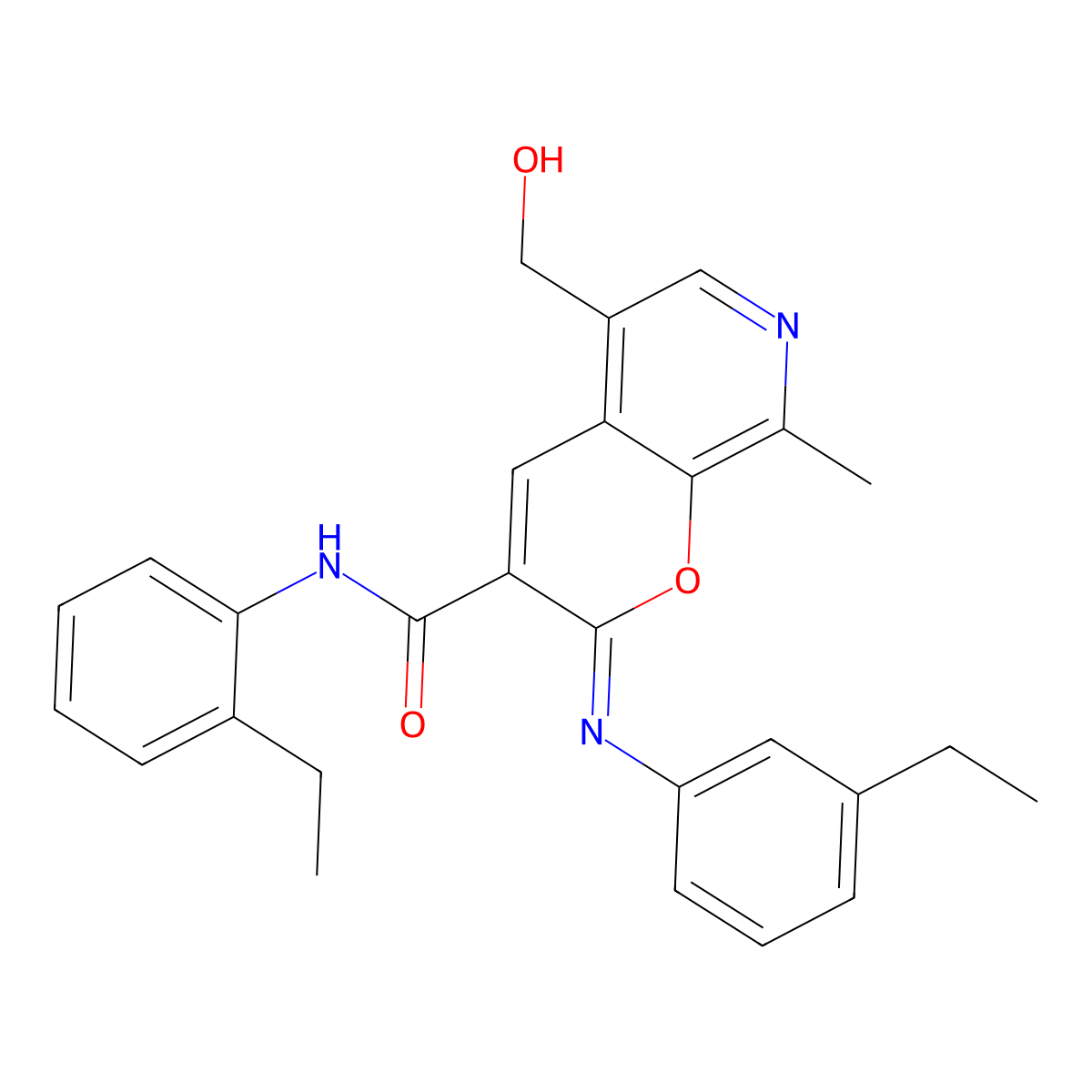 (2Z)-N-(2-ethylphenyl)-2-[(3-ethylphenyl)imino]-5-(hydroxymethyl)-8-methyl-2H-pyrano[2,3-c]pyridine-3-carboxamide molecular structure, CAS 6782-54-3