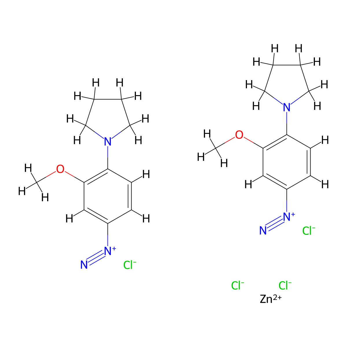 Benzenediazonium, 3-methoxy-4-(1-pyrrolidinyl)-, (T-4)-tetrachlorozincate(2-) (2:1) molecular structure, CAS 67828-56-2