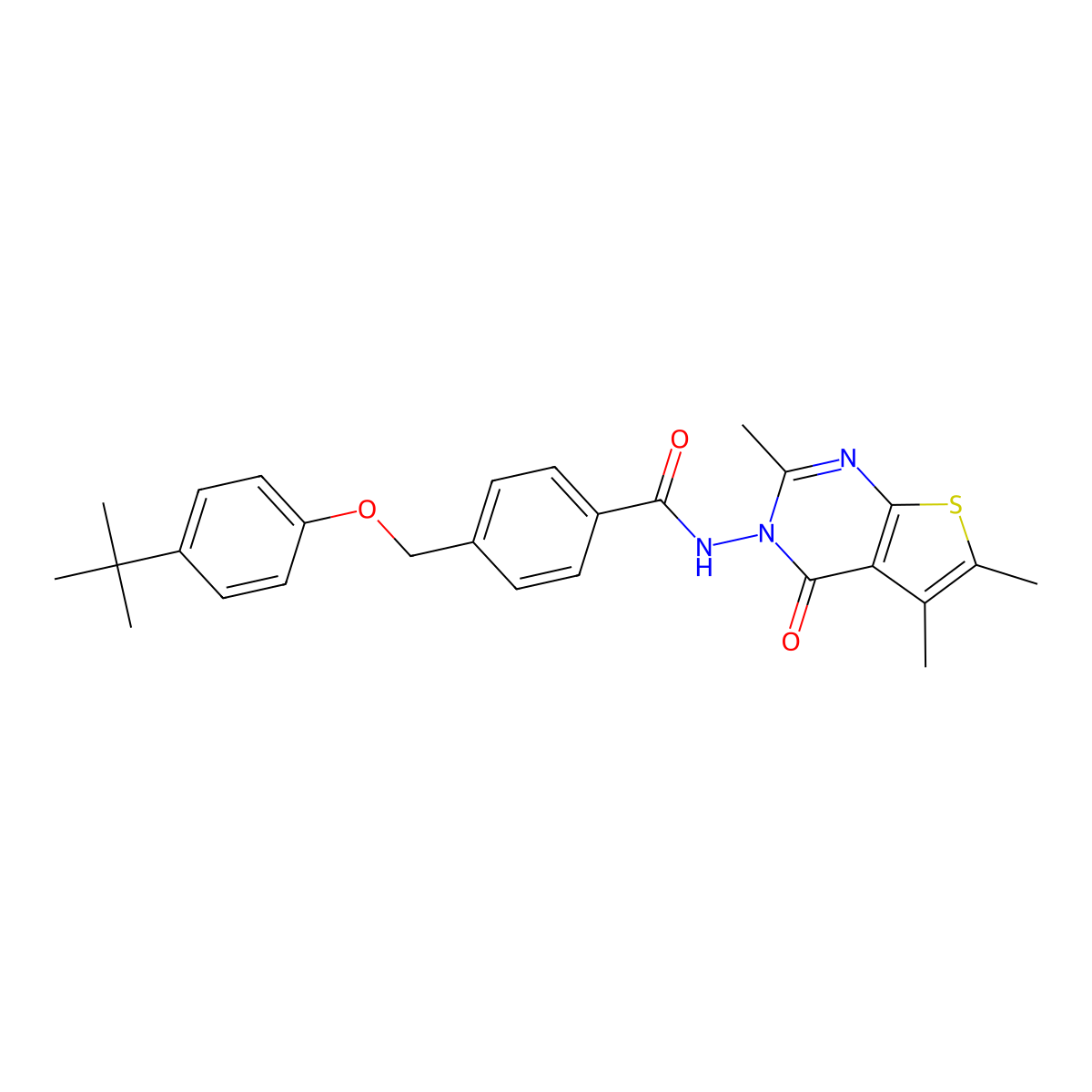 4-[(4-tert-butylphenoxy)methyl]-N-(2,5,6-trimethyl-4-oxothieno[2,3-d]pyrimidin-3-yl)benzamide molecular structure, CAS 678535-68-7