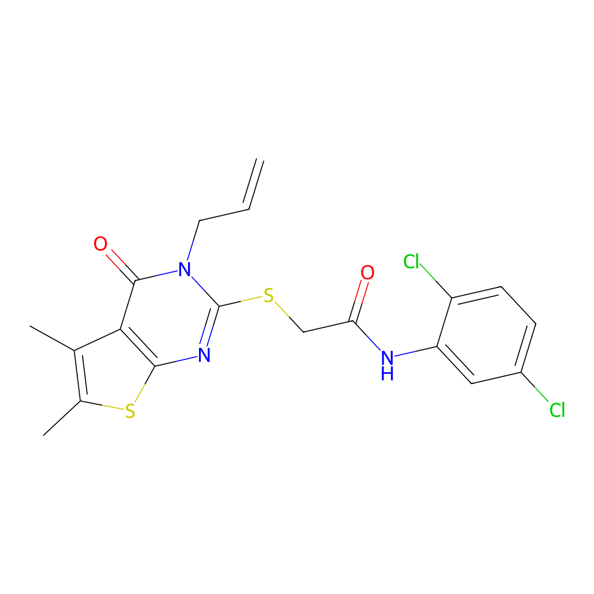 2-[(3-allyl-5,6-dimethyl-4-oxo-3,4-dihydrothieno[2,3-d]pyrimidin-2-yl)thio]-N-(2,5-dichlorophenyl)acetamide molecular structure, CAS 678538-27-7