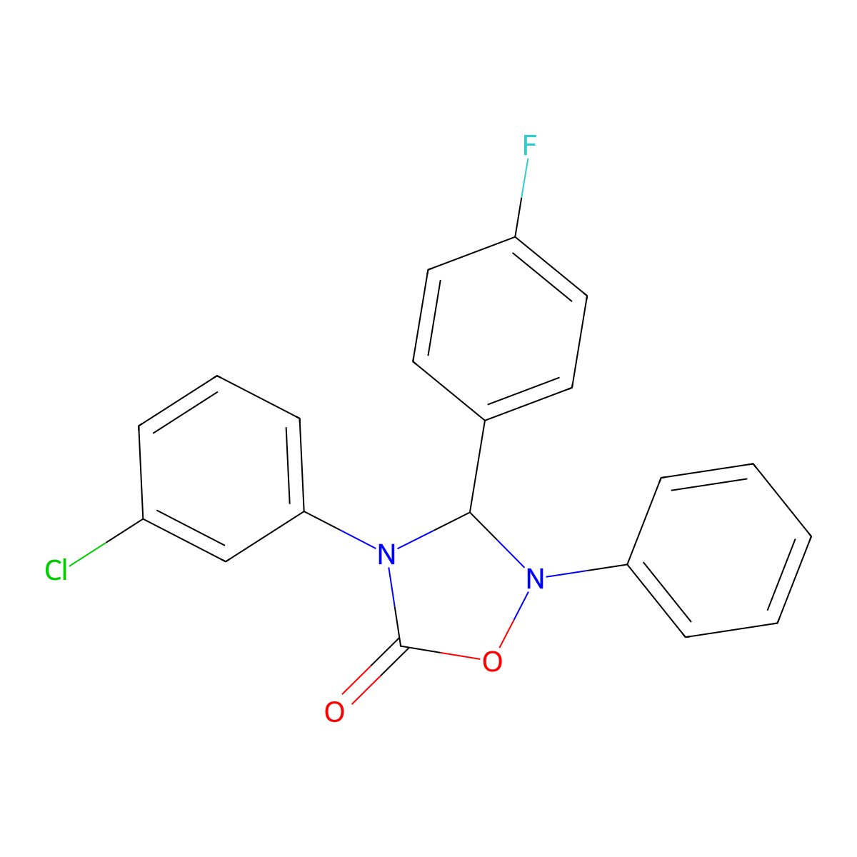 4-(3-Chlorophenyl)-3-(4-fluorophenyl)-2-phenyl-1,2,4-oxadiazolidin-5-one molecular structure, CAS 678538-85-7