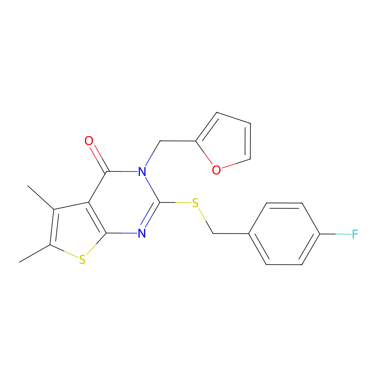 2-[(4-fluorobenzyl)sulfanyl]-3-(furan-2-ylmethyl)-5,6-dimethylthieno[2,3-d]pyrimidin-4(3H)-one molecular structure, CAS 678540-23-3