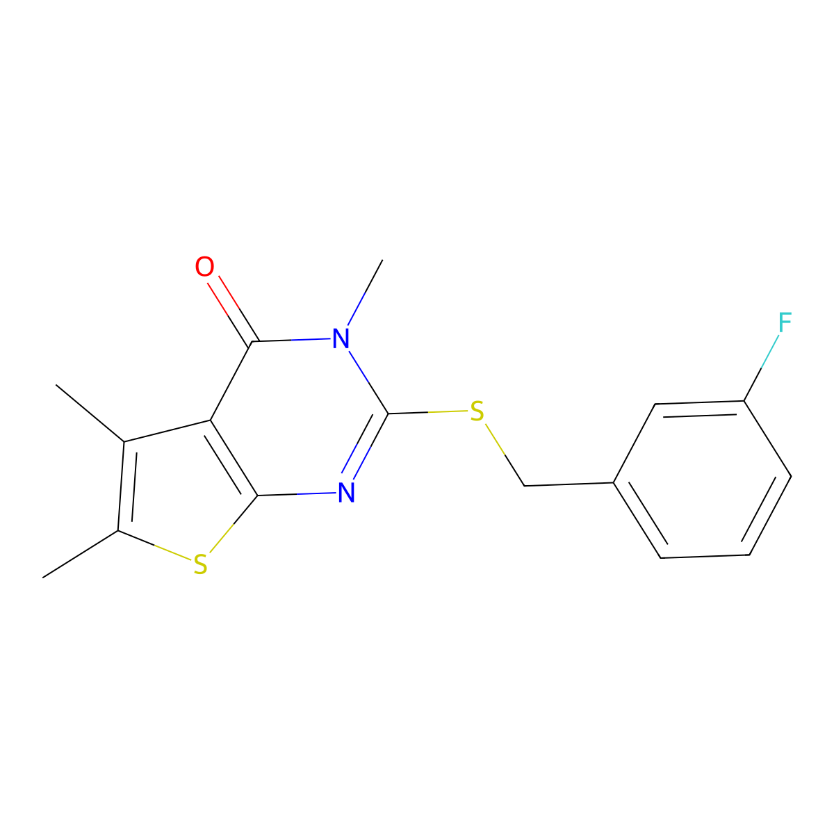 2-[(3-fluorobenzyl)sulfanyl]-3,5,6-trimethylthieno[2,3-d]pyrimidin-4(3H)-one molecular structure, CAS 678540-58-4