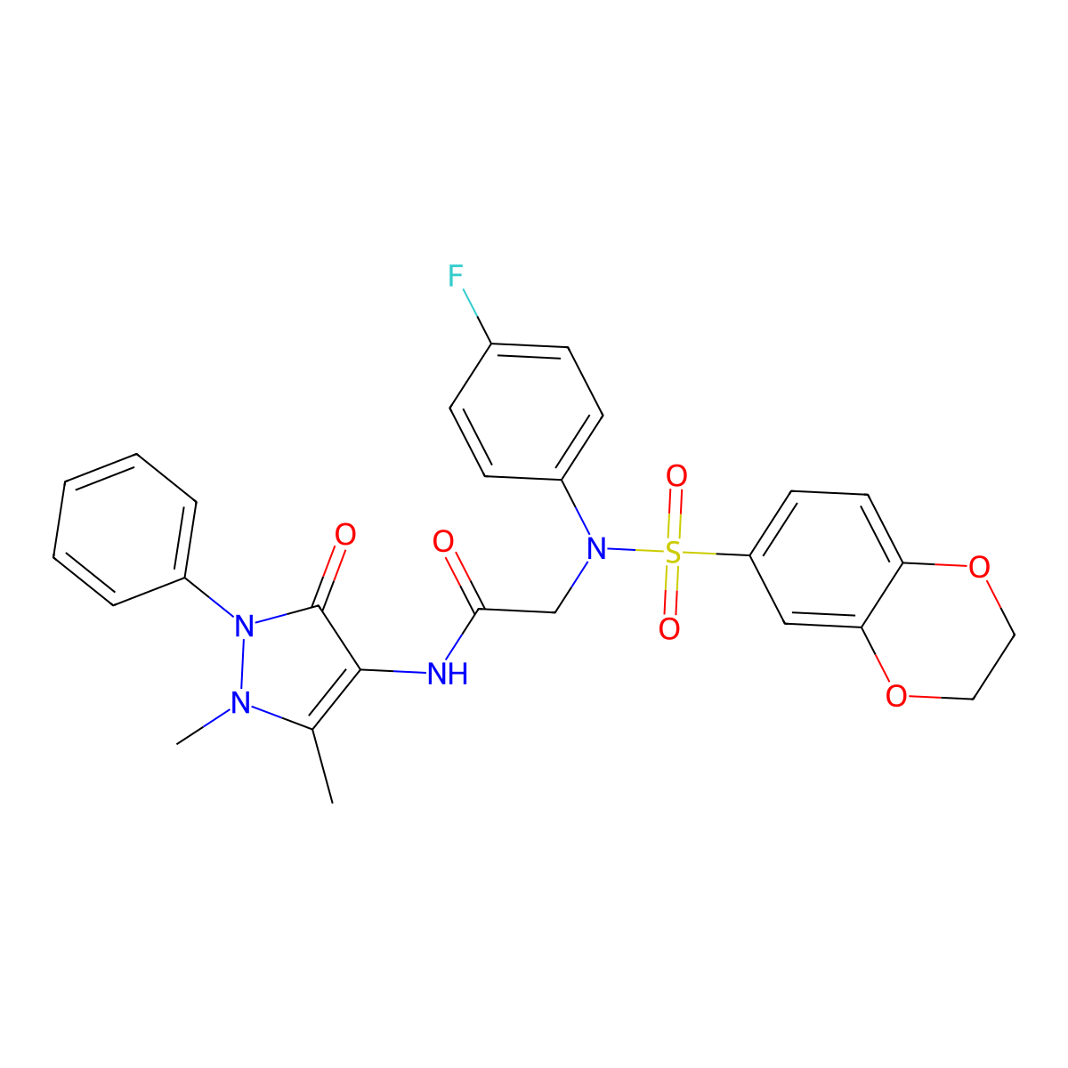2-[N-(2,3-dihydro-1,4-benzodioxin-6-ylsulfonyl)-4-fluoroanilino]-N-(1,5-dimethyl-3-oxo-2-phenylpyrazol-4-yl)acetamide molecular structure, CAS 678541-21-4