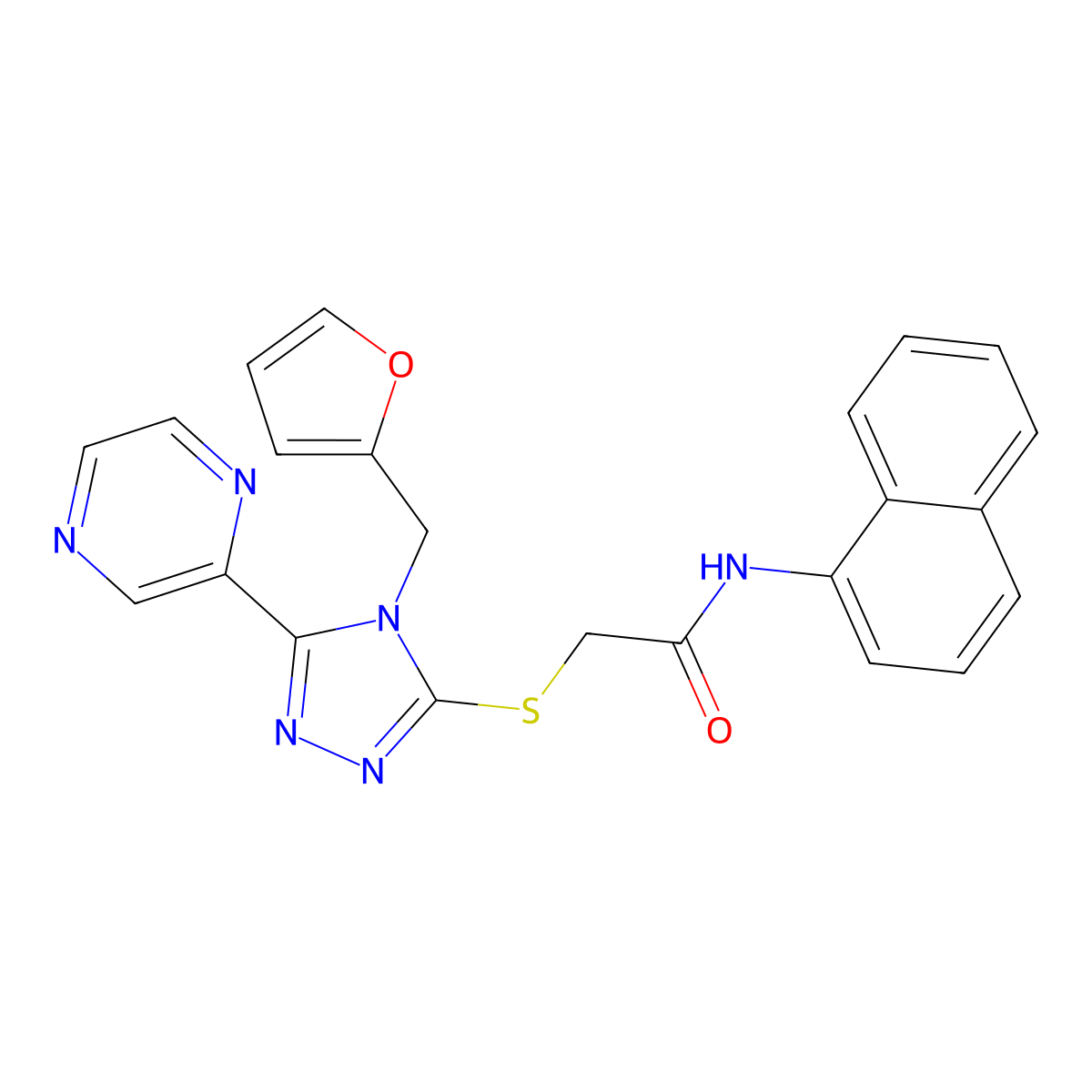 2-{[4-(furan-2-ylmethyl)-5-(pyrazin-2-yl)-4H-1,2,4-triazol-3-yl]sulfanyl}-N-(naphthalen-1-yl)acetamide molecular structure, CAS 678542-29-5