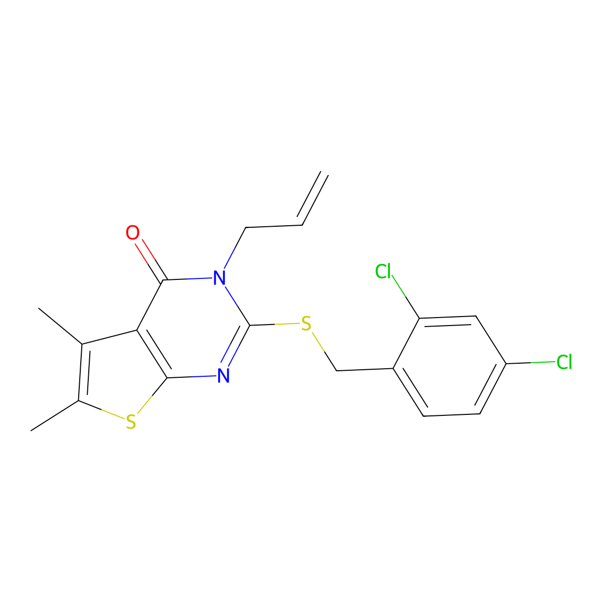 2-[(2,4-dichlorobenzyl)sulfanyl]-5,6-dimethyl-3-(prop-2-en-1-yl)thieno[2,3-d]pyrimidin-4(3H)-one molecular structure, CAS 678542-38-6