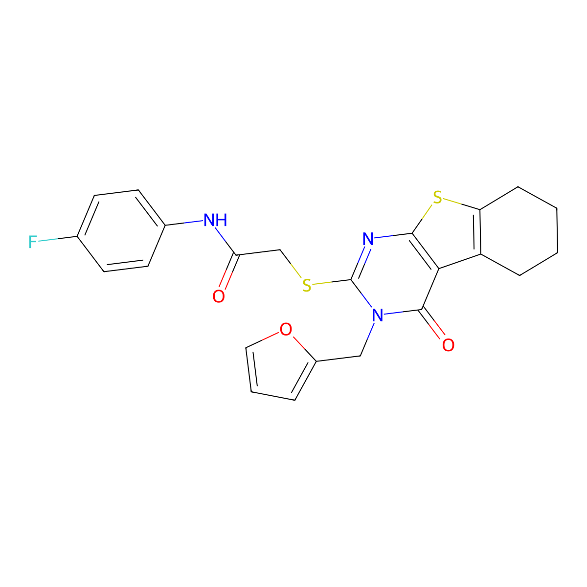 N-(4-fluorophenyl)-2-{[3-(furan-2-ylmethyl)-4-oxo-3,4,5,6,7,8-hexahydro[1]benzothieno[2,3-d]pyrimidin-2-yl]sulfanyl}acetamide molecular structure, CAS 678542-42-2