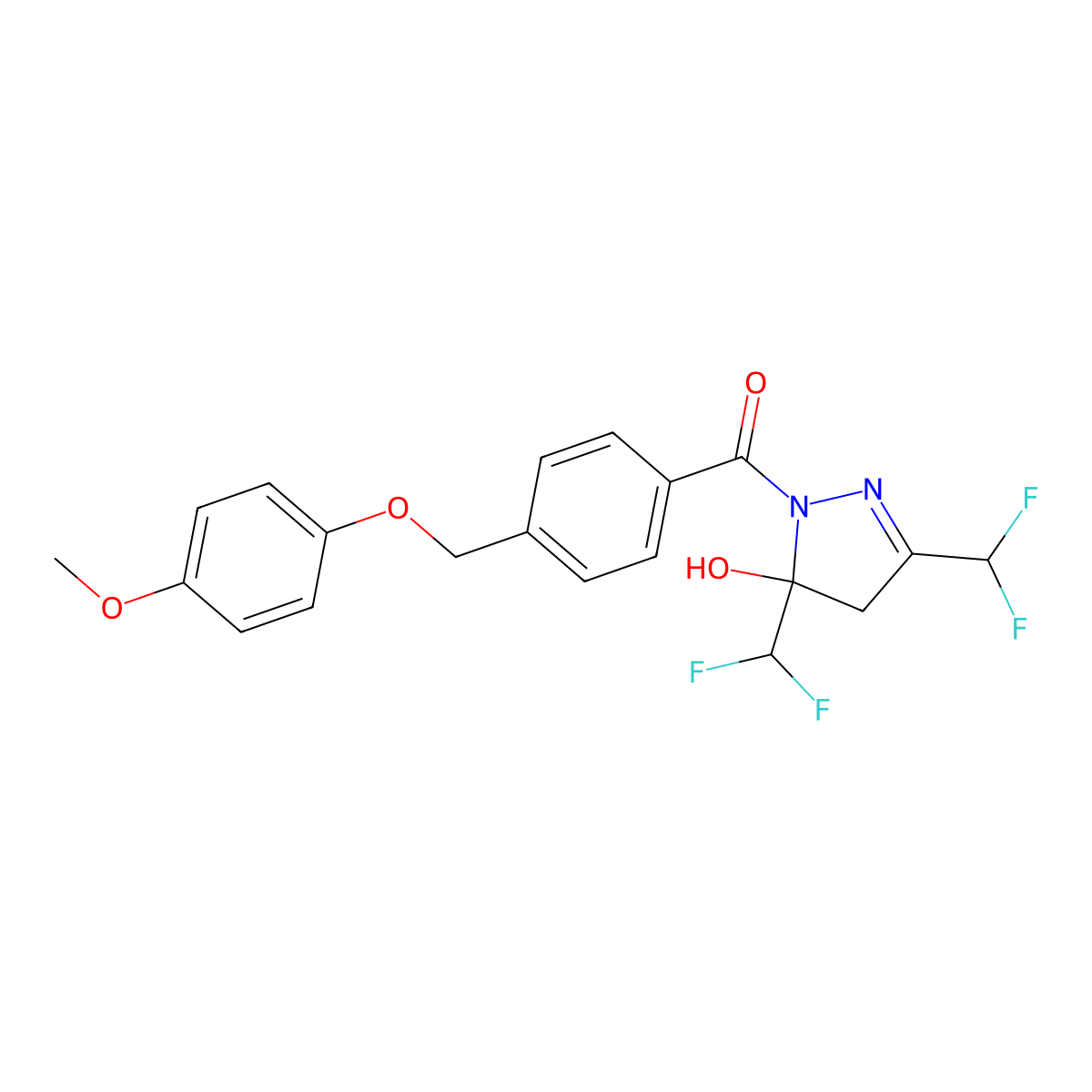 [3,5-bis(difluoromethyl)-5-hydroxy-4H-pyrazol-1-yl]-[4-[(4-methoxyphenoxy)methyl]phenyl]methanone molecular structure, CAS 678542-55-7