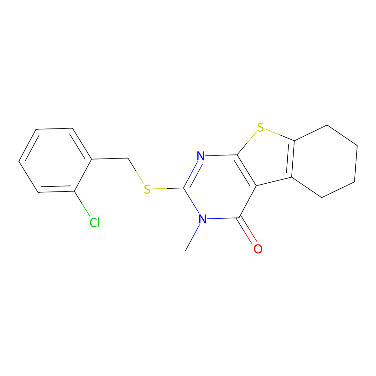 2-[(2-chlorobenzyl)sulfanyl]-3-methyl-5,6,7,8-tetrahydro[1]benzothieno[2,3-d]pyrimidin-4(3H)-one molecular structure, CAS 678542-94-4