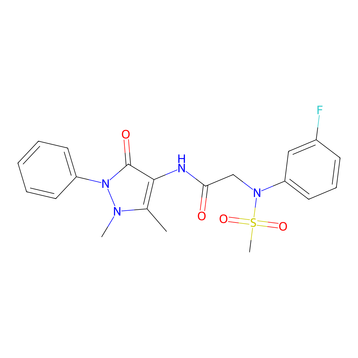 N-(1,5-dimethyl-3-oxo-2-phenylpyrazol-4-yl)-2-(3-fluoro-N-methylsulfonylanilino)acetamide molecular structure, CAS 678543-40-3