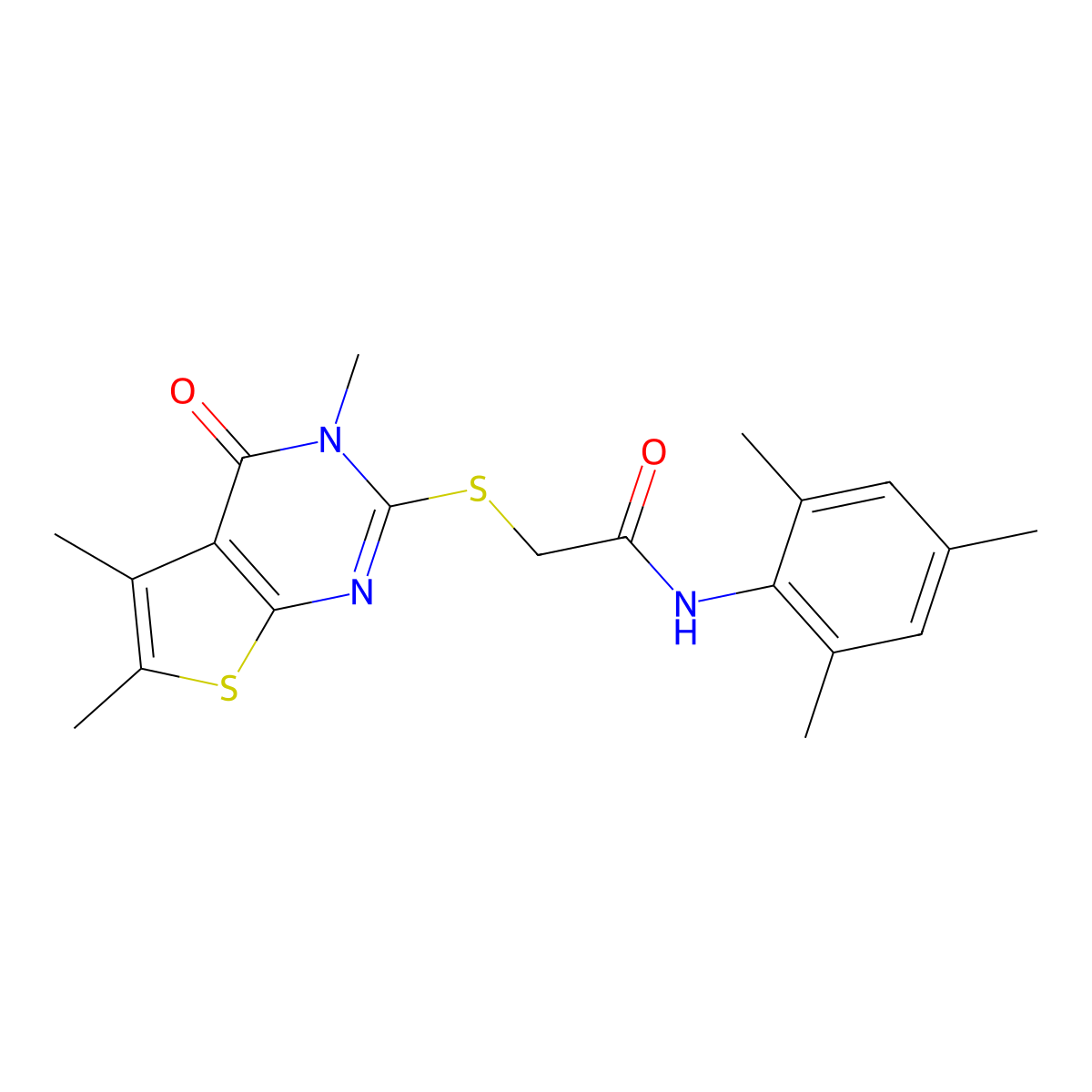 N-mesityl-2-((3,5,6-trimethyl-4-oxo-3,4-dihydrothieno[2,3-d]pyrimidin-2-yl)thio)acetamide molecular structure, CAS 678543-66-3