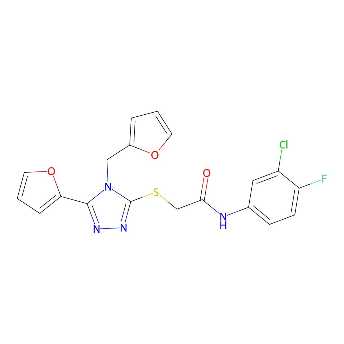 N-(3-chloro-4-fluorophenyl)-2-{[5-(furan-2-yl)-4-(furan-2-ylmethyl)-4H-1,2,4-triazol-3-yl]sulfanyl}acetamide molecular structure, CAS 678544-09-7