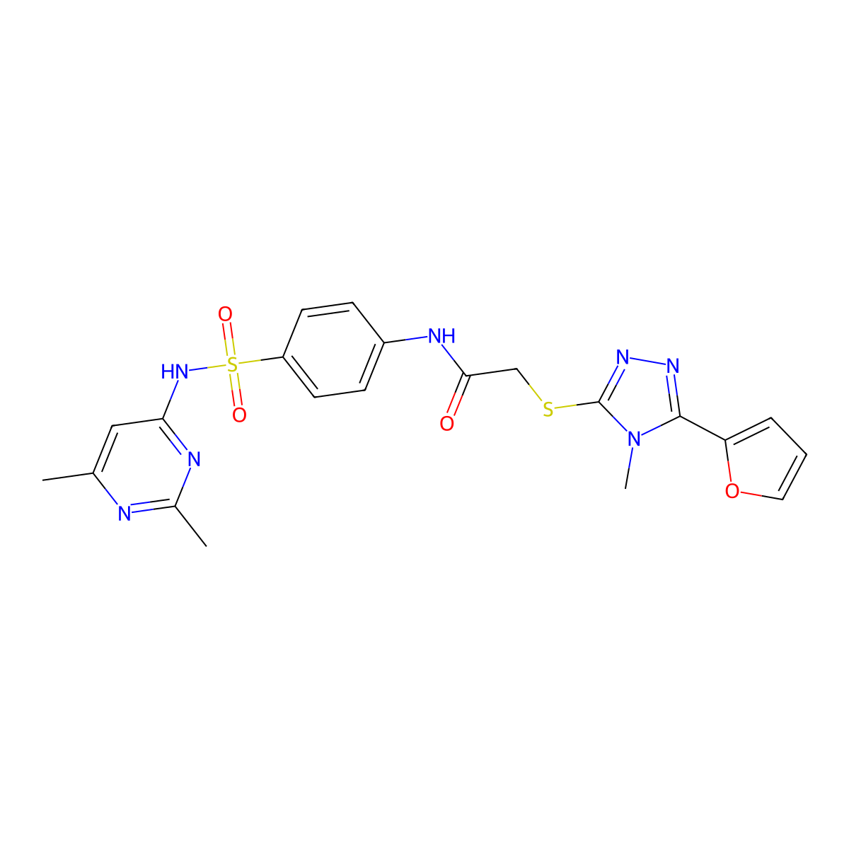 N-[4-(2,6-Dimethyl-pyrimidin-4-ylsulfamoyl)-phenyl]-2-(5-furan-2-yl-4-methyl-4H-[1,2,4]triazol-3-ylsulfanyl)-acetamide molecular structure, CAS 678544-52-0