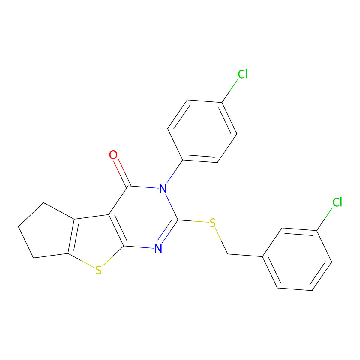 2-[(3-chlorobenzyl)sulfanyl]-3-(4-chlorophenyl)-3,5,6,7-tetrahydro-4H-cyclopenta[4,5]thieno[2,3-d]pyrimidin-4-one molecular structure, CAS 678544-85-9