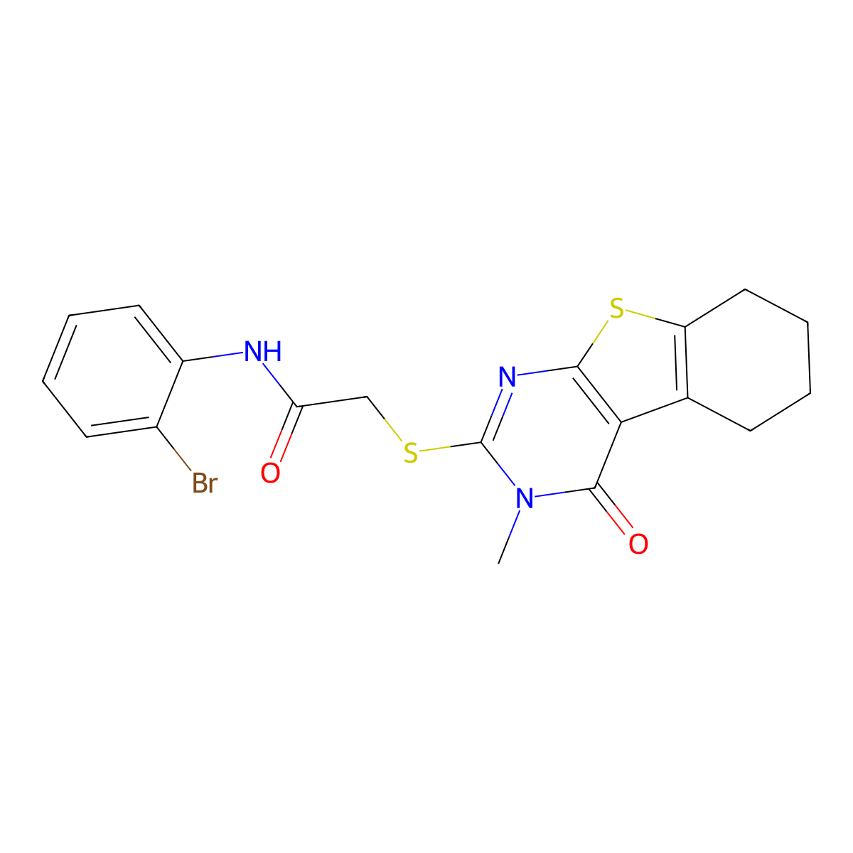 N-(2-bromophenyl)-2-(3-methyl-4-oxo(3,5,6,7,8-pentahydrobenzo[b]thiopheno[2,3-d]pyrimidin-2-ylthio))acetamide molecular structure, CAS 678545-78-3