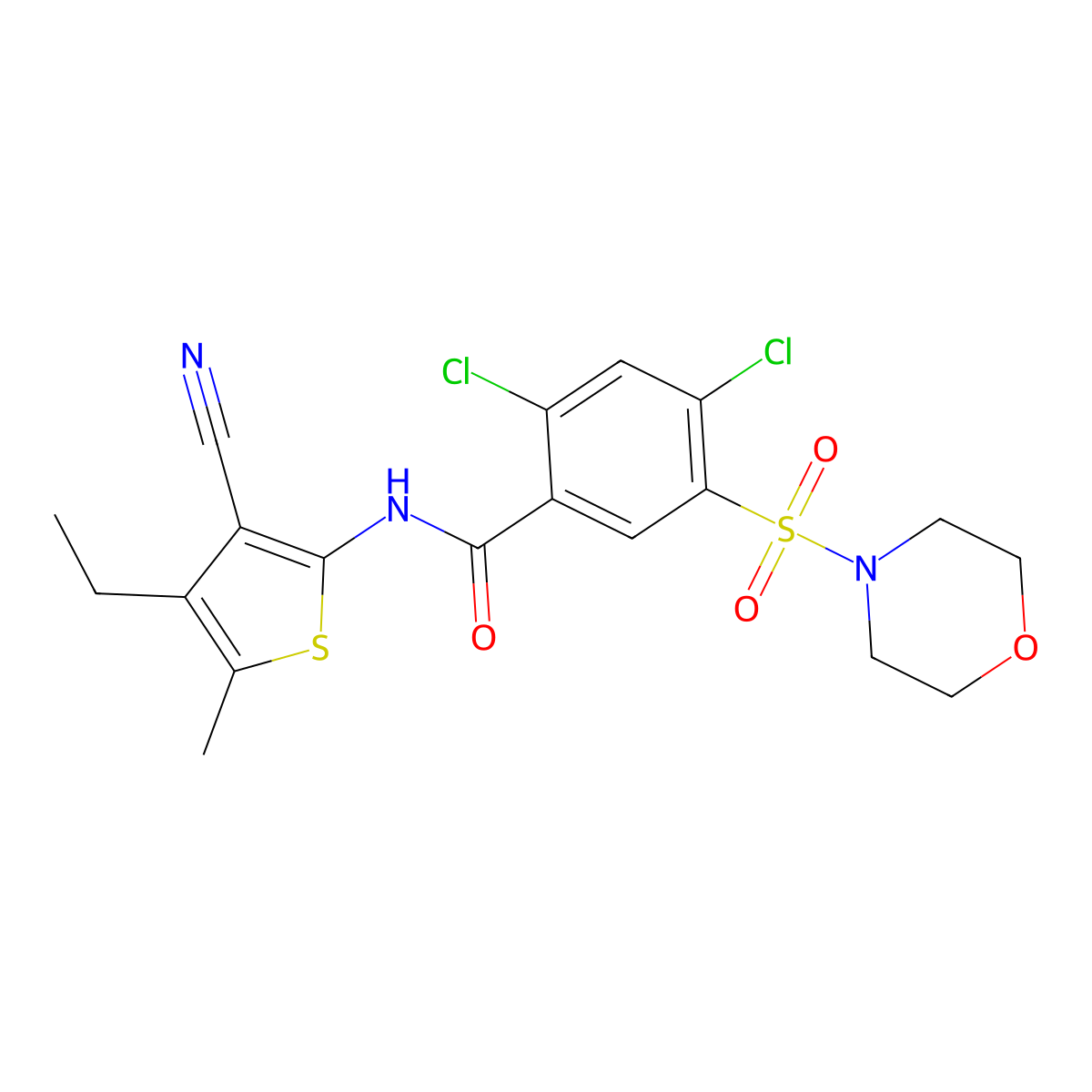 2,4-dichloro-N-(3-cyano-4-ethyl-5-methylthiophen-2-yl)-5-(morpholin-4-ylsulfonyl)benzamide molecular structure, CAS 678548-28-2