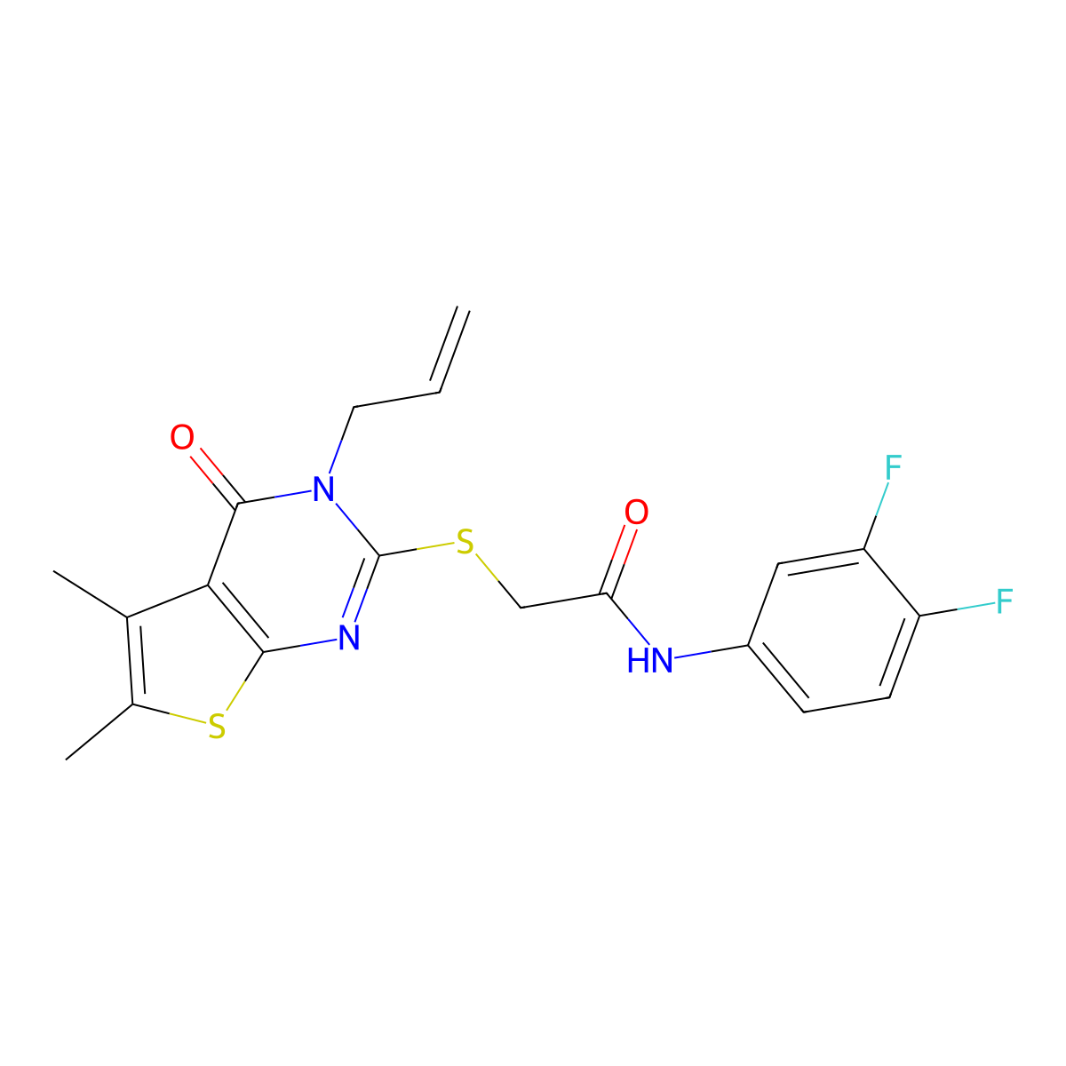 N-(3,4-difluorophenyl)-2-(5,6-dimethyl-4-oxo-3-prop-2-enyl(3-hydrothiopheno[2, 3-d]pyrimidin-2-ylthio))acetamide molecular structure, CAS 678548-47-5
