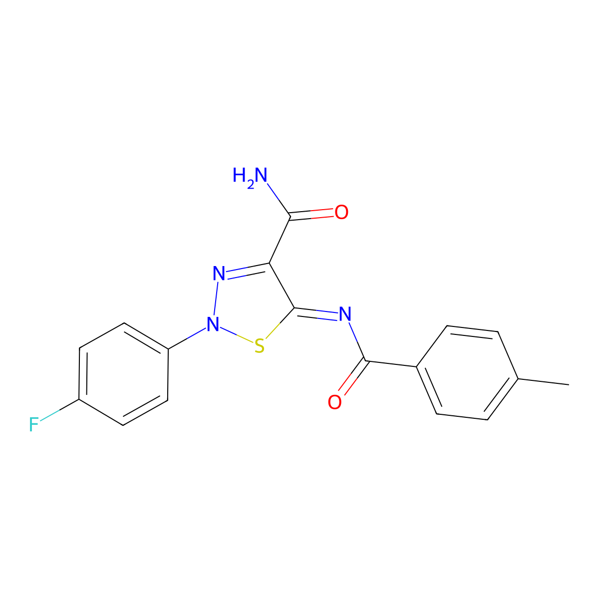 (5Z)-2-(4-fluorophenyl)-5-{[(4-methylphenyl)carbonyl]imino}-2,5-dihydro-1,2,3-thiadiazole-4-carboxamide molecular structure, CAS 678549-68-3