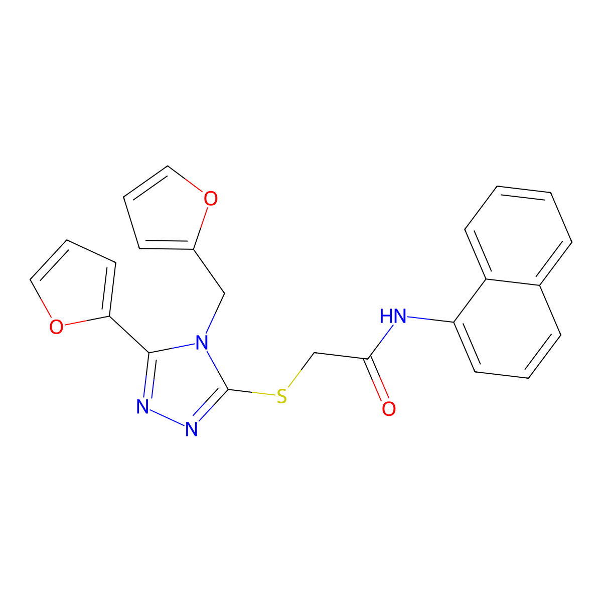 2-{[5-(furan-2-yl)-4-(furan-2-ylmethyl)-4H-1,2,4-triazol-3-yl]sulfanyl}-N-(naphthalen-1-yl)acetamide molecular structure, CAS 678550-03-3