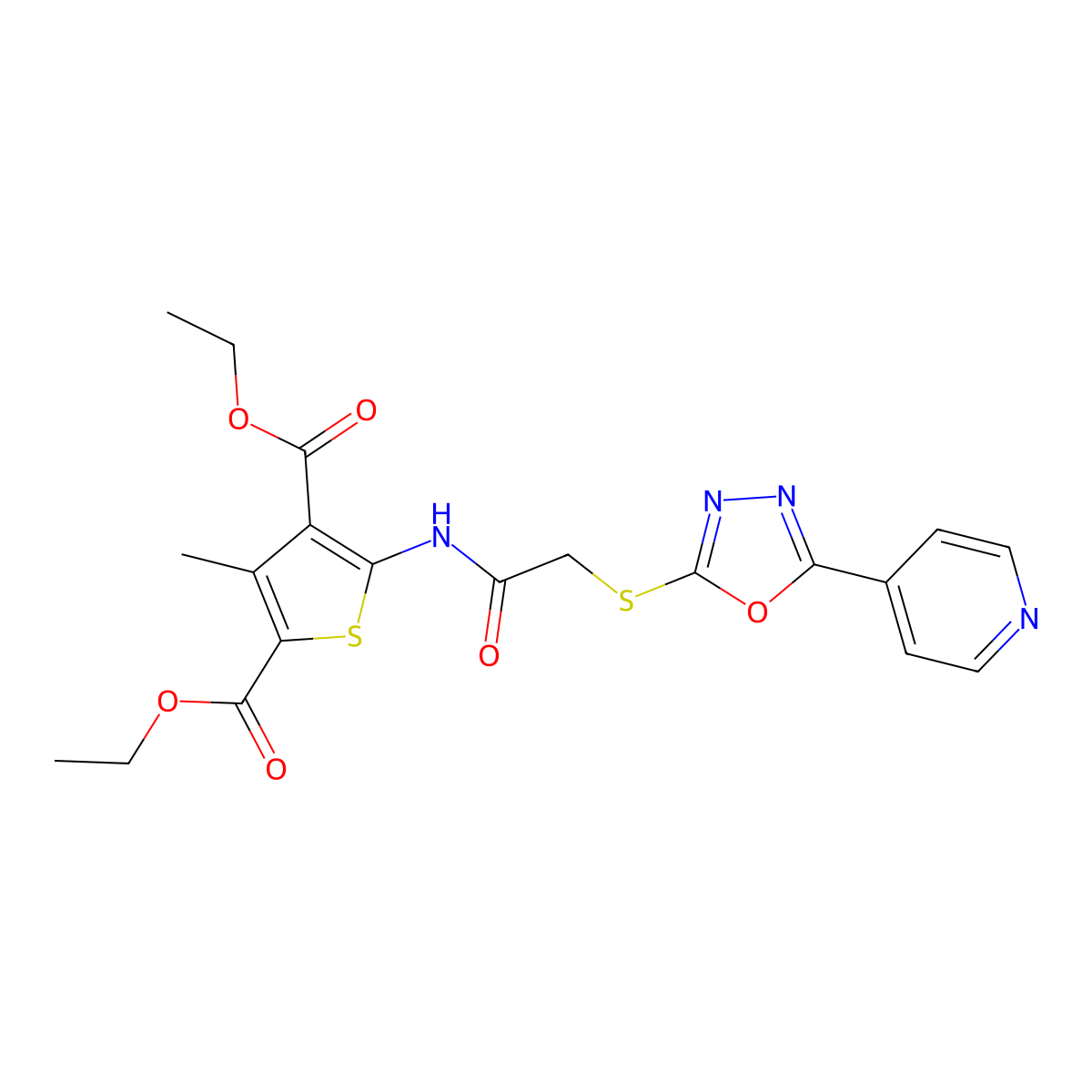 Diethyl 3-methyl-5-[[2-[(5-pyridin-4-yl-1,3,4-oxadiazol-2-yl)sulfanyl]acetyl]amino]thiophene-2,4-dicarboxylate molecular structure, CAS 678551-70-7