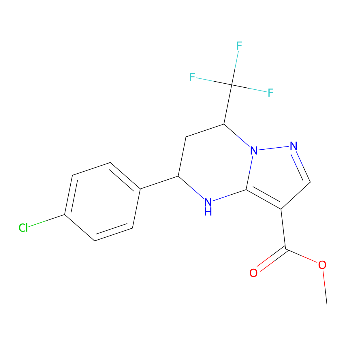 Methyl 5-(4-chlorophenyl)-7-(trifluoromethyl)-4,5,6,7-tetrahydropyrazolo[1,5-a]pyrimidine-3-carboxylate molecular structure, CAS 678552-03-9