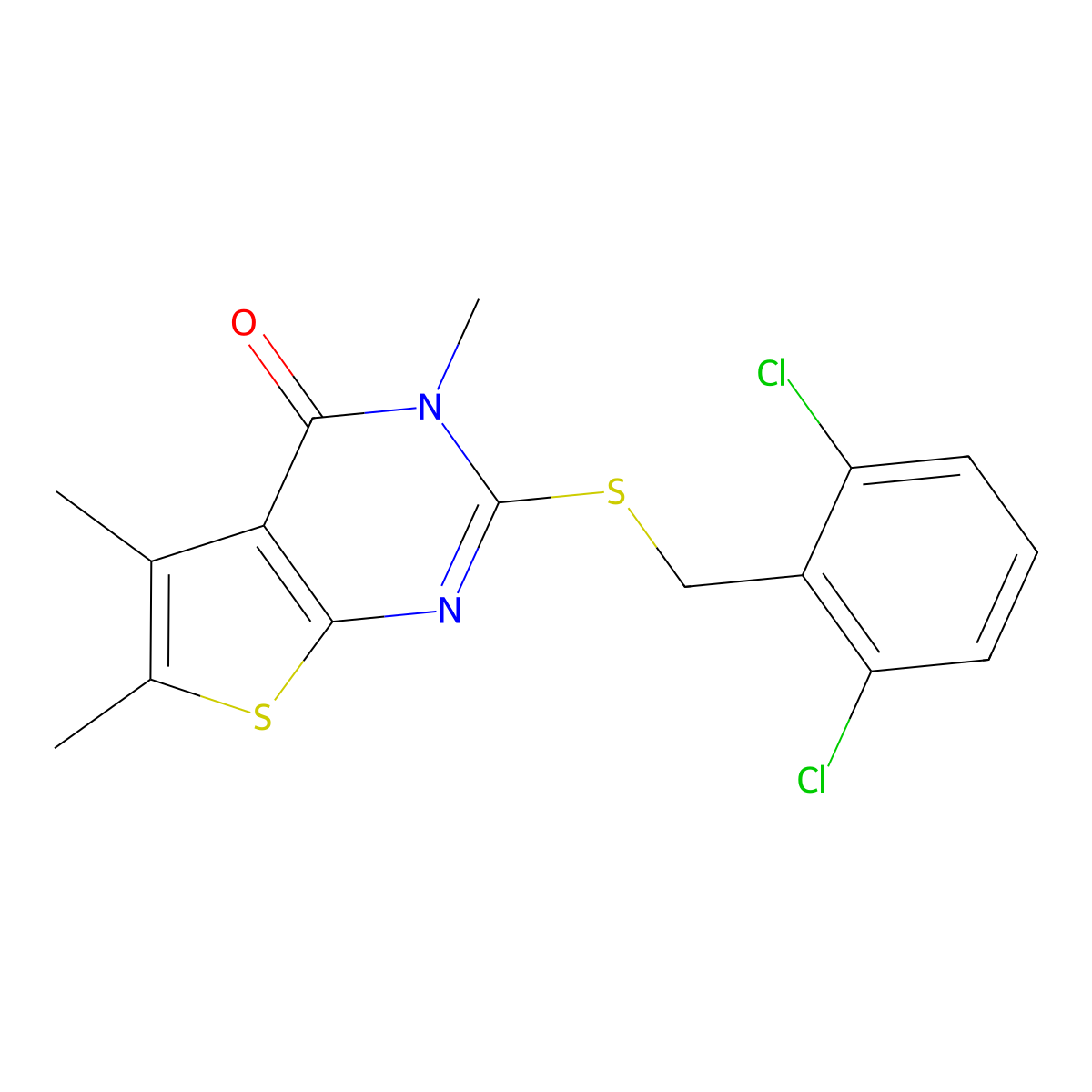 2-[(2,6-dichlorobenzyl)sulfanyl]-3,5,6-trimethylthieno[2,3-d]pyrimidin-4(3H)-one molecular structure, CAS 678553-46-3