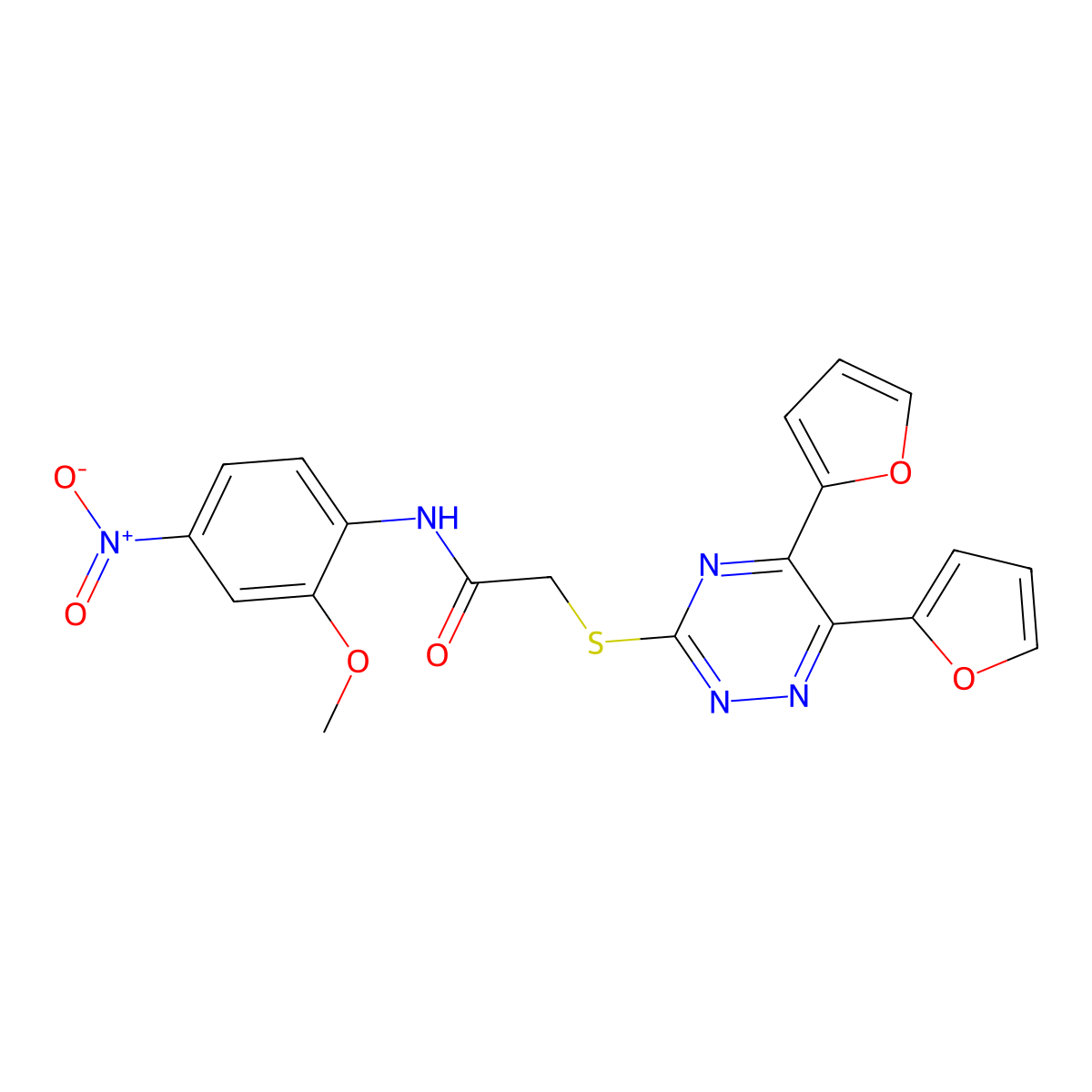 2-[[5,6-bis(furan-2-yl)-1,2,4-triazin-3-yl]sulfanyl]-N-(2-methoxy-4-nitrophenyl)acetamide molecular structure, CAS 678553-86-1