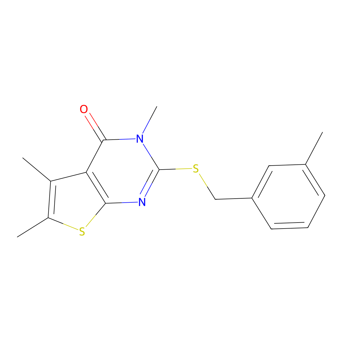 3,5,6-trimethyl-2-[(3-methylbenzyl)sulfanyl]thieno[2,3-d]pyrimidin-4(3H)-one molecular structure, CAS 678556-66-6
