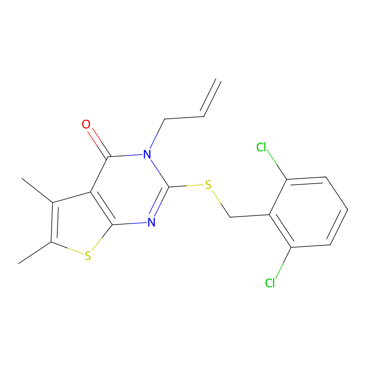 2-[(2,6-dichlorobenzyl)sulfanyl]-5,6-dimethyl-3-(prop-2-en-1-yl)thieno[2,3-d]pyrimidin-4(3H)-one molecular structure, CAS 678558-28-6