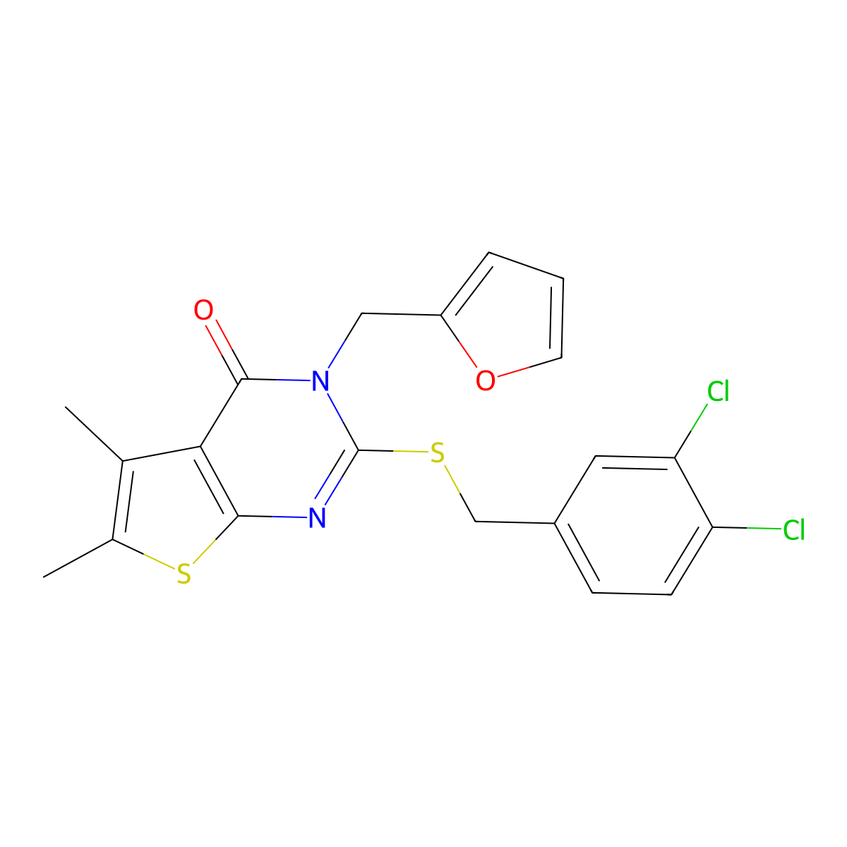 2-[(3,4-dichlorobenzyl)sulfanyl]-3-(furan-2-ylmethyl)-5,6-dimethylthieno[2,3-d]pyrimidin-4(3H)-one molecular structure, CAS 678559-38-1