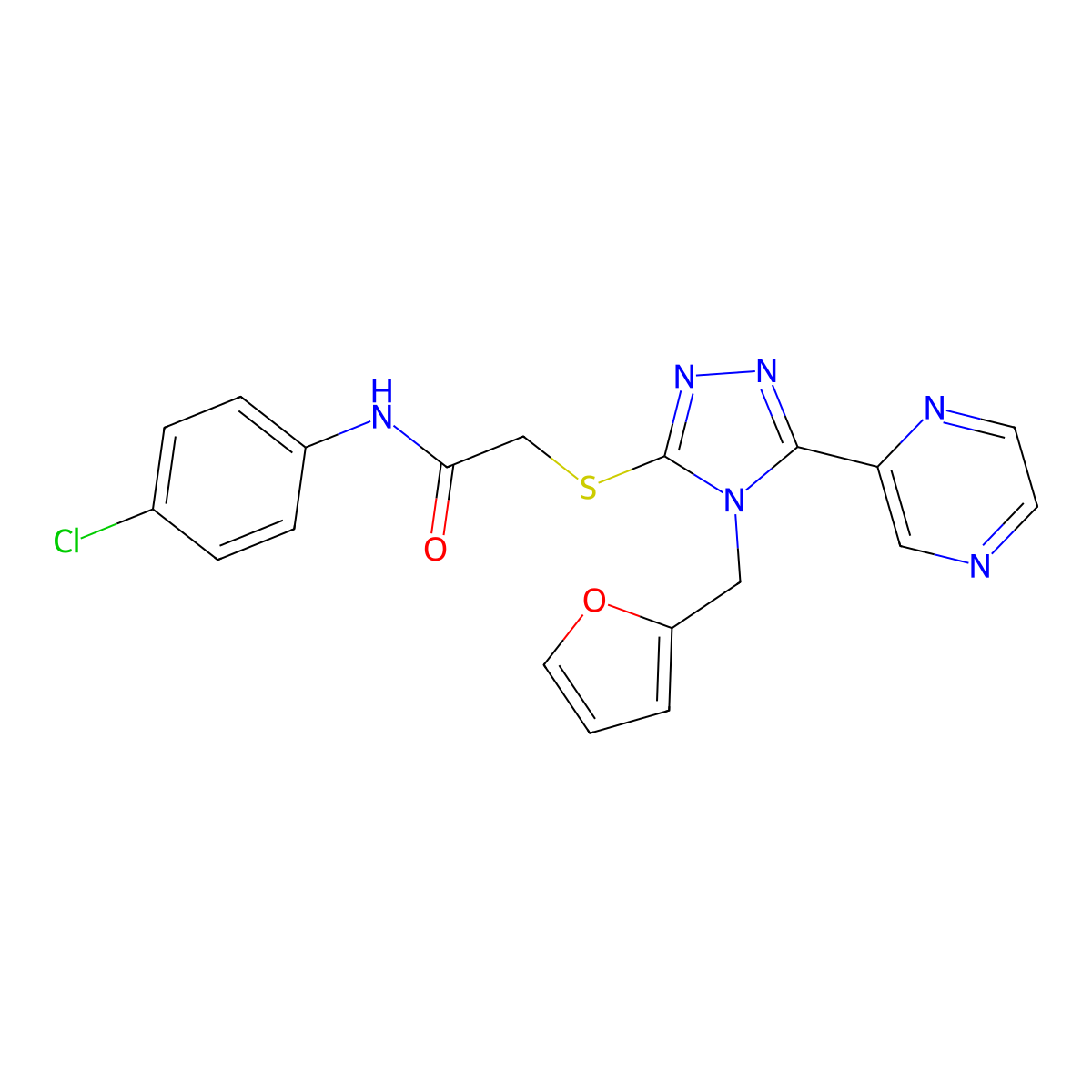 N-(4-chlorophenyl)-2-{[4-(furan-2-ylmethyl)-5-(pyrazin-2-yl)-4H-1,2,4-triazol-3-yl]sulfanyl}acetamide molecular structure, CAS 678560-78-6