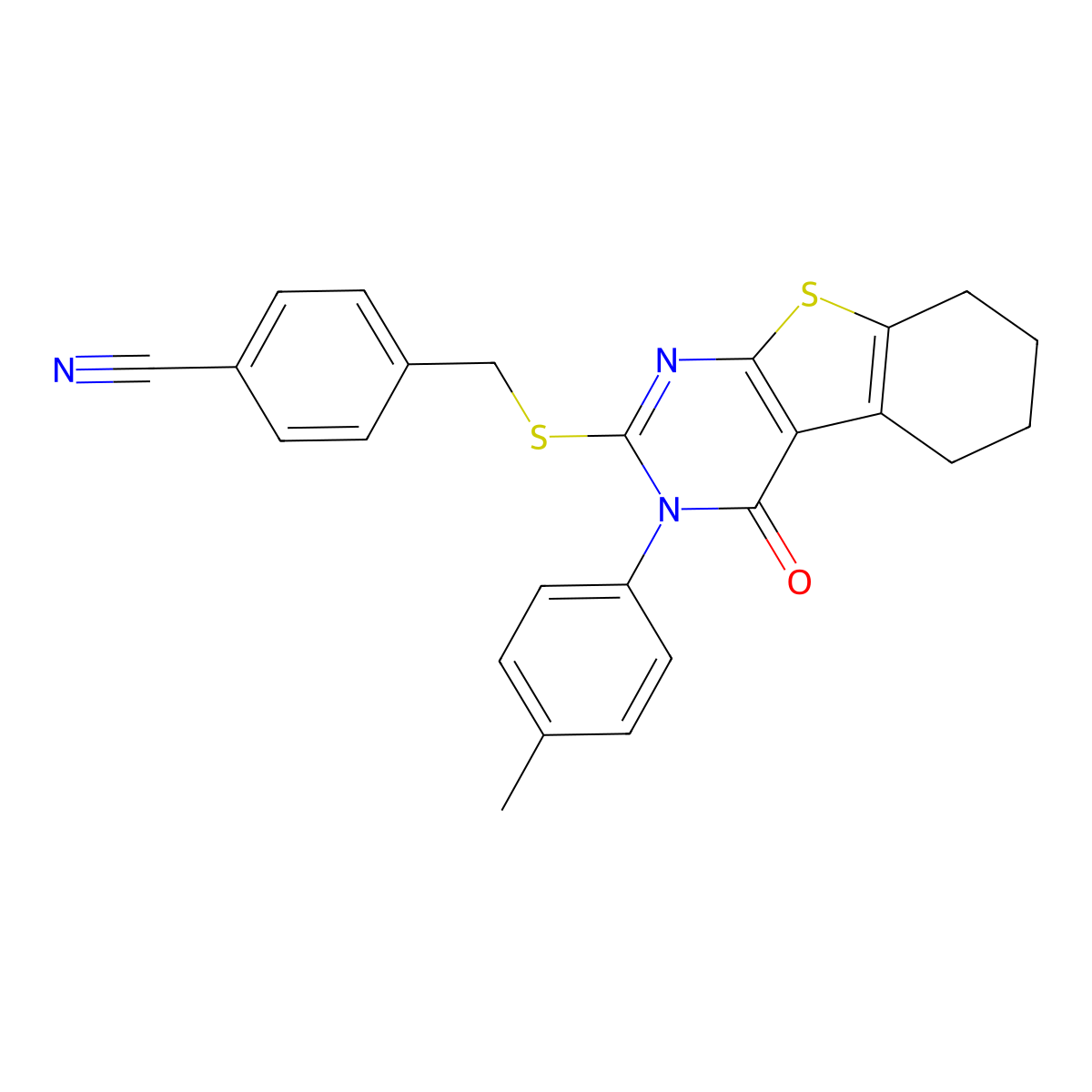 4-[[3-(4-Methylphenyl)-4-oxo-5,6,7,8-tetrahydro-[1]benzothiolo[2,3-d]pyrimidin-2-yl]sulfanylmethyl]benzonitrile molecular structure, CAS 678561-50-7