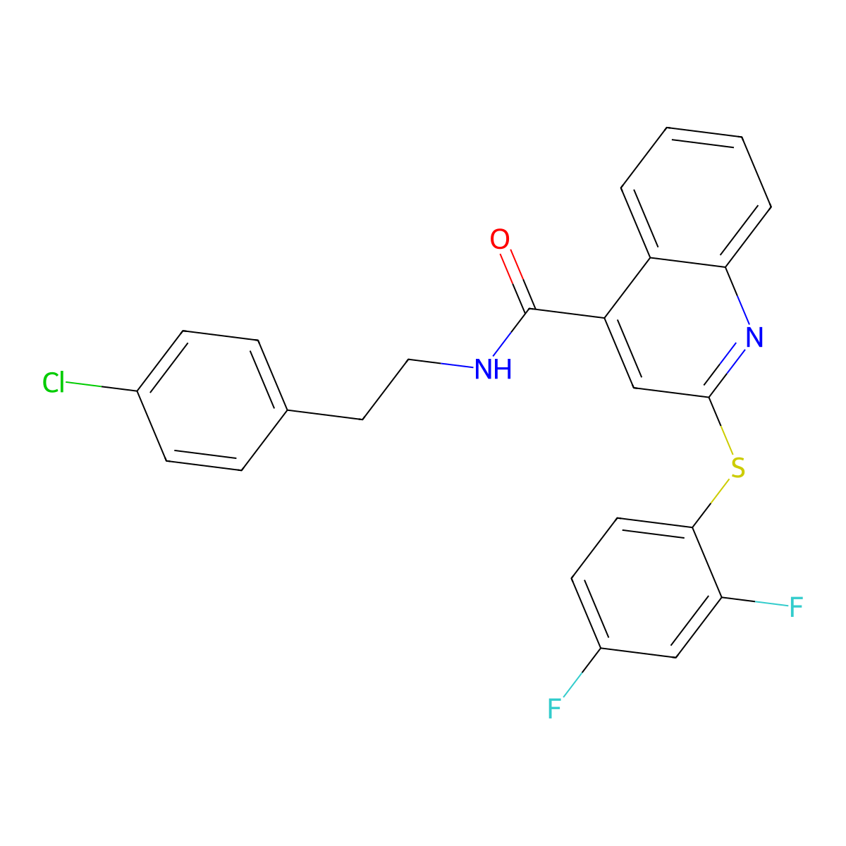 N-[2-(4-chlorophenyl)ethyl]-2-(2,4-difluorophenyl)sulfanylquinoline-4-carboxamide molecular structure, CAS 6787-68-4