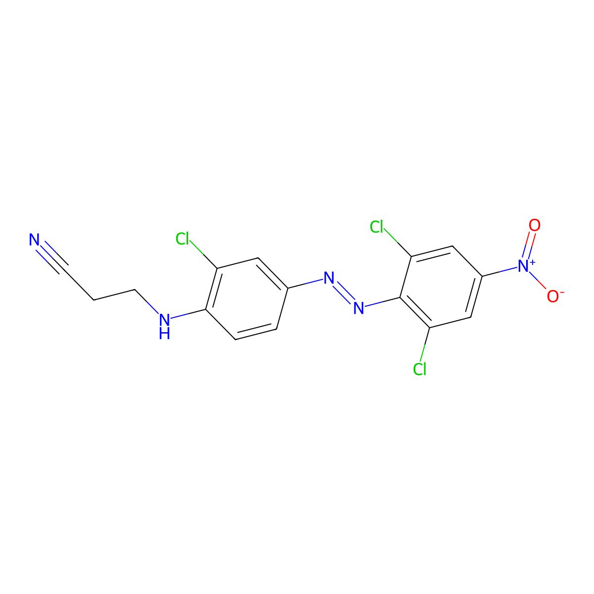 Propanenitrile, 3-((2-chloro-4-(2-(2,6-dichloro-4-nitrophenyl)diazenyl)phenyl)amino)- molecular structure, CAS 67874-57-1