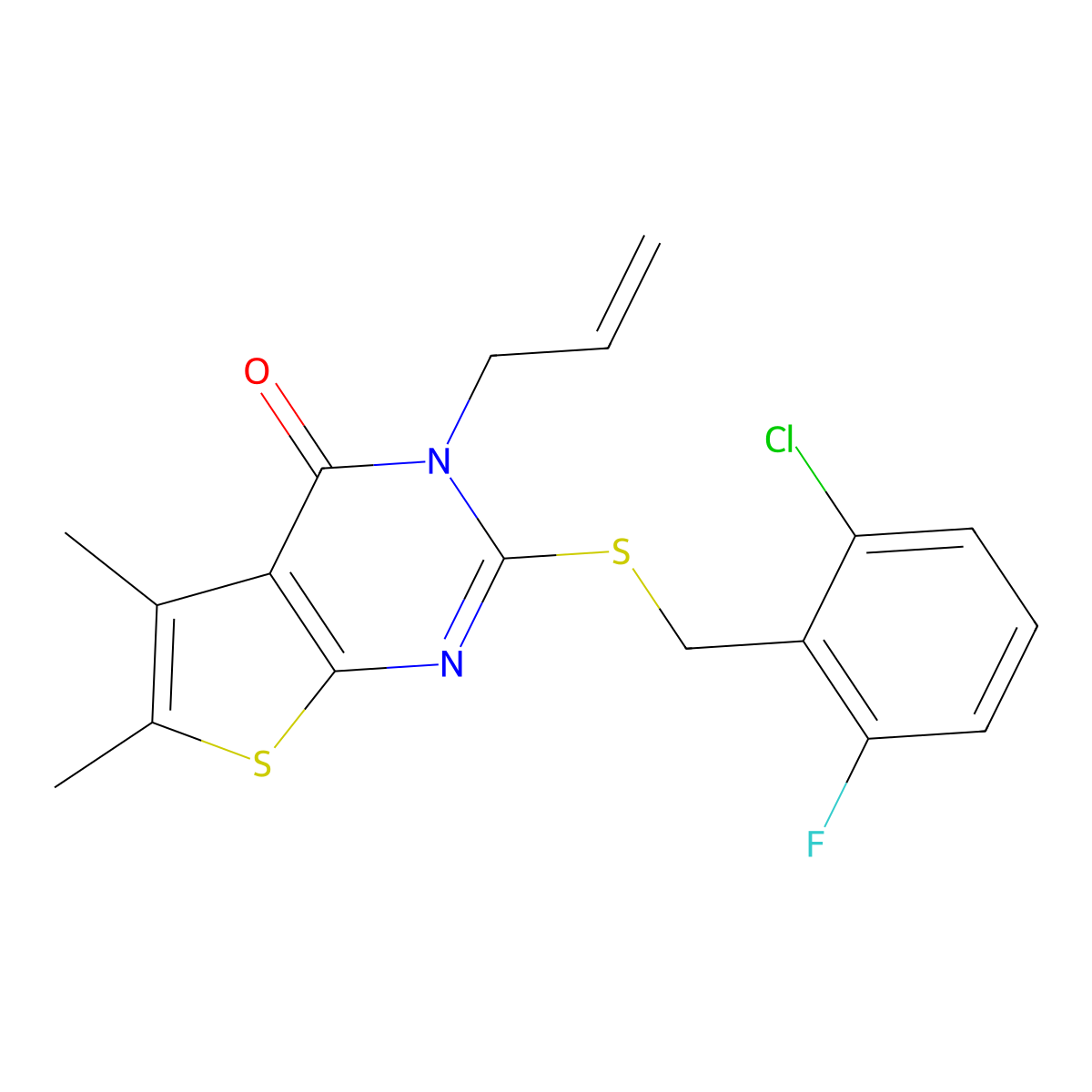 2-[(2-chloro-6-fluorobenzyl)sulfanyl]-5,6-dimethyl-3-(prop-2-en-1-yl)thieno[2,3-d]pyrimidin-4(3H)-one molecular structure, CAS 678978-72-8