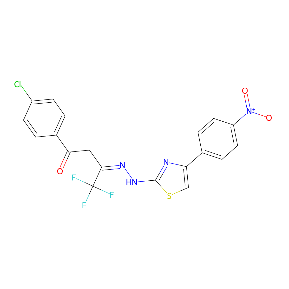 1,3-Butanedione, 1-(4-chlorophenyl)-4,4,4-trifluoro-, 3-[[4-(4-nitrophenyl)-2-thiazolyl]hydrazone] molecular structure, CAS 678983-42-1