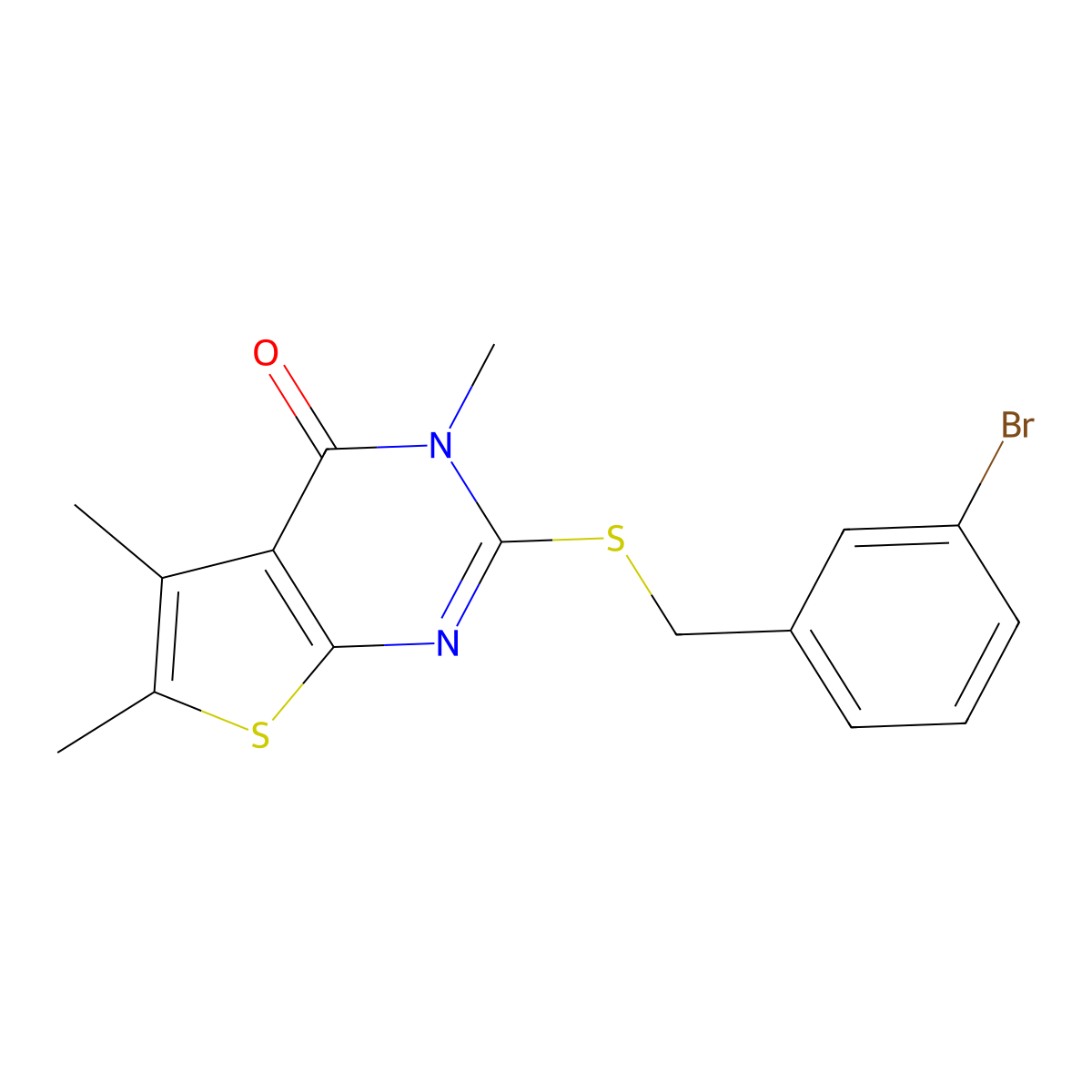 2-[(3-bromobenzyl)sulfanyl]-3,5,6-trimethylthieno[2,3-d]pyrimidin-4(3H)-one molecular structure, CAS 678984-68-4