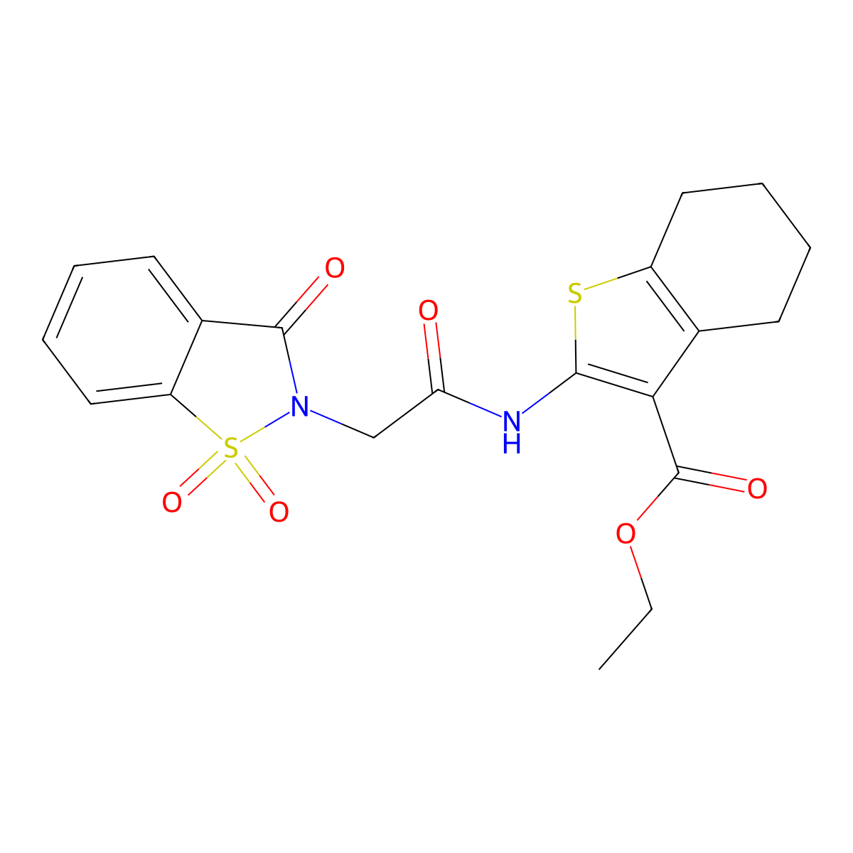 Ethyl 2-[[2-(1,1,3-trioxo-1,2-benzothiazol-2-yl)acetyl]amino]-4,5,6,7-tetrahydro-1-benzothiophene-3-carboxylate molecular structure, CAS 678985-30-3
