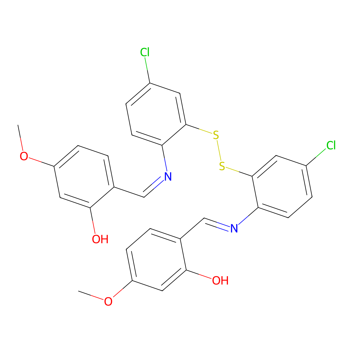 2-[({4-chloro-2-[(5-chloro-2-{[(E)-(2-hydroxy-4-methoxyphenyl)methylidene]amino}phenyl)disulfanyl]phenyl}imino)methyl]-5-methoxybenzenol molecular structure, CAS 678985-37-0
