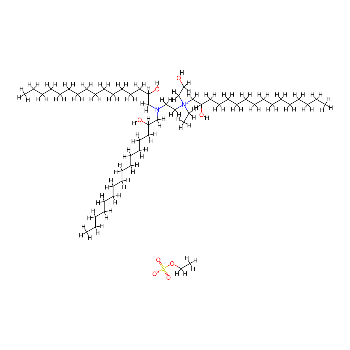 1-Hexadecanaminium, N-(2-(bis(2-hydroxyhexadecyl)amino)ethyl)-N-ethyl-2-hydroxy-N-(2-hydroxyethyl)-, ethyl sulfate (1:1) molecular structure, CAS 67905-25-3