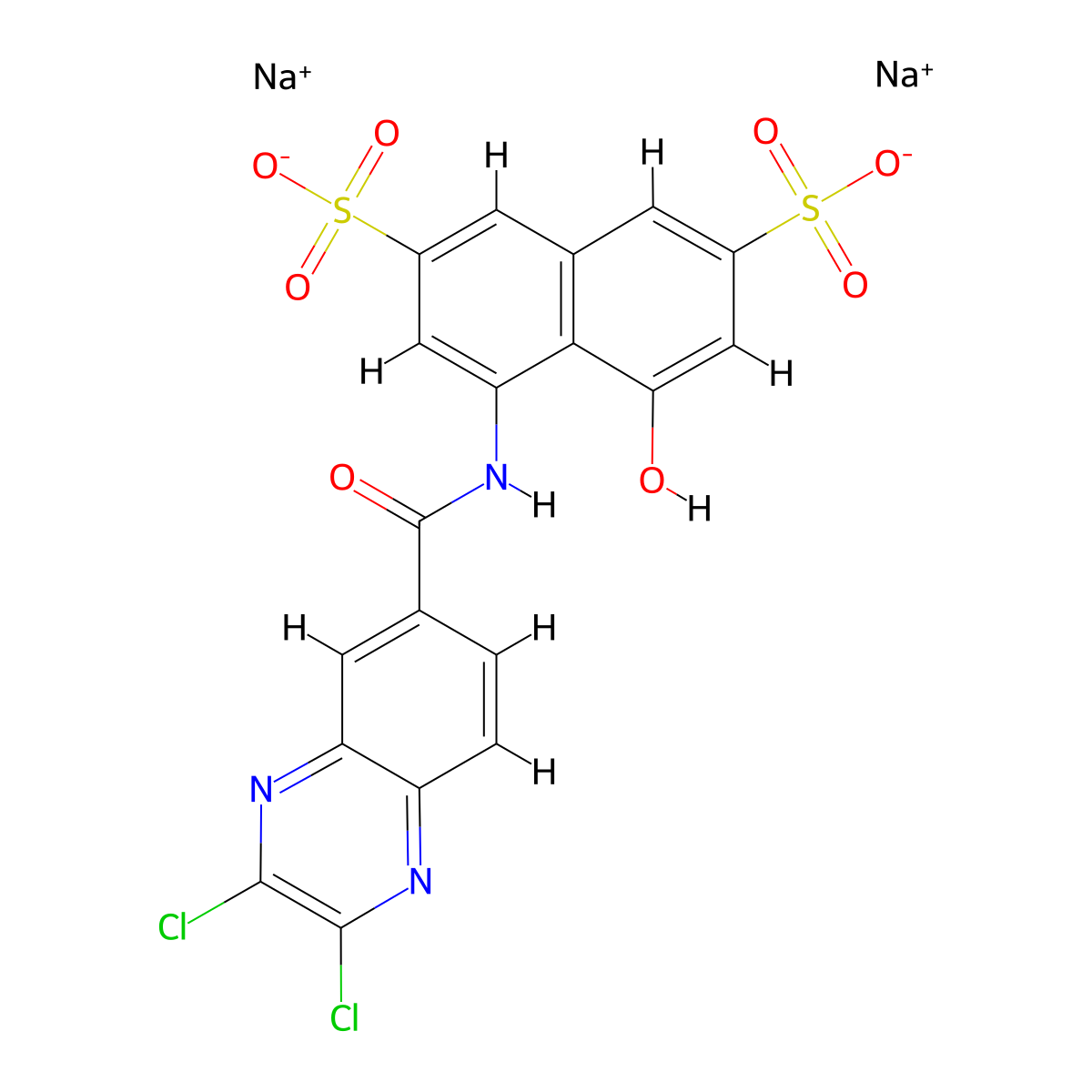 2,7-Naphthalenedisulfonic acid, 4-[[(2,3-dichloro-6-quinoxalinyl)carbonyl]amino]-5-hydroxy-, sodium salt (1:2) molecular structure, CAS 67905-53-7