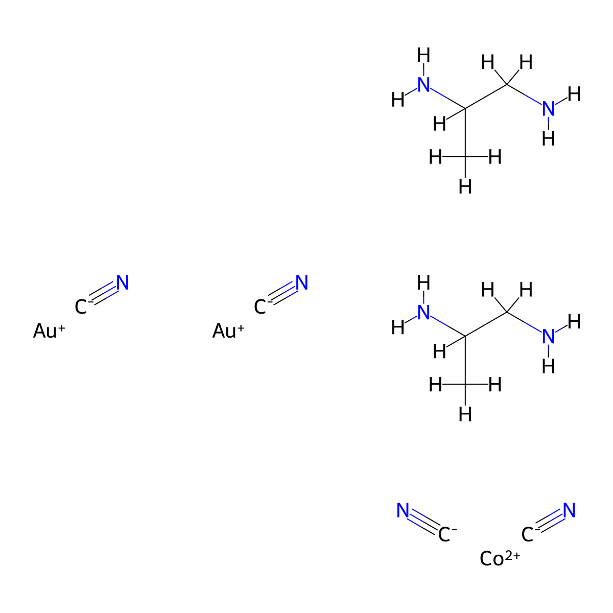 Cobalt(2+), bis(1,2-propanediamine-kappaN1,kappaN2)-, bis(cyano-kappaC)aurate(1-) (1:2) molecular structure, CAS 67906-18-7