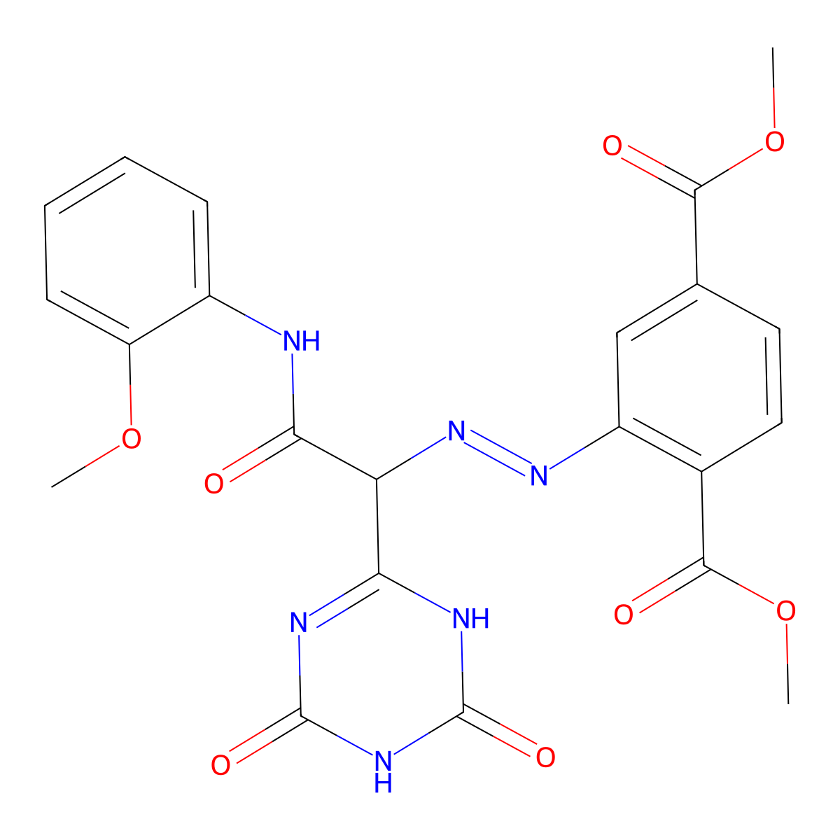 1,4-Benzenedicarboxylic acid, 2-[2-[2-[(2-methoxyphenyl)amino]-2-oxo-1-(3,4,5,6-tetrahydro-4,6-dioxo-1,3,5-triazin-2-yl)ethyl]diazenyl]-, 1,4-dimethyl ester molecular structure, CAS 67906-31-4