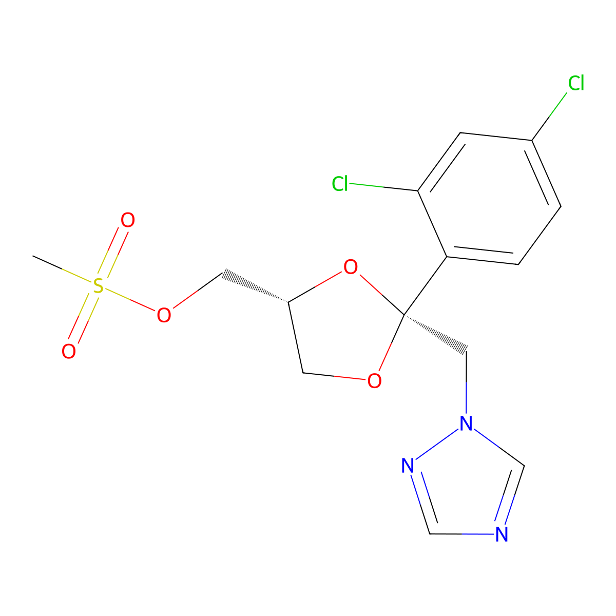 1,3-Dioxolane-4-methanol, 2-(2,4-dichlorophenyl)-2-(1H-1,2,4-triazol-1-ylmethyl)-, 4-methanesulfonate, (2R,4R)-rel- molecular structure, CAS 67914-86-7