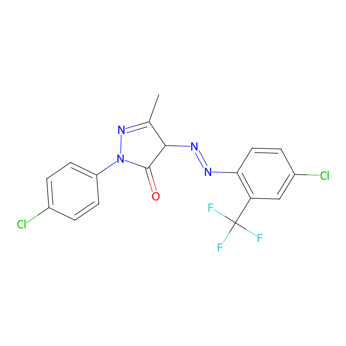 3H-Pyrazol-3-one, 2-(4-chlorophenyl)-4-[2-[4-chloro-2-(trifluoromethyl)phenyl]diazenyl]-2,4-dihydro-5-methyl- molecular structure, CAS 67923-41-5