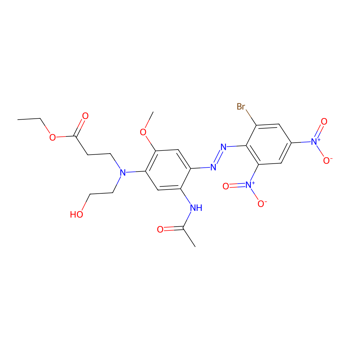 beta-Alanine, N-(5-(acetylamino)-4-(2-(2-bromo-4,6-dinitrophenyl)diazenyl)-2-methoxyphenyl)-N-(2-hydroxyethyl)-, ethyl ester molecular structure, CAS 67923-49-3