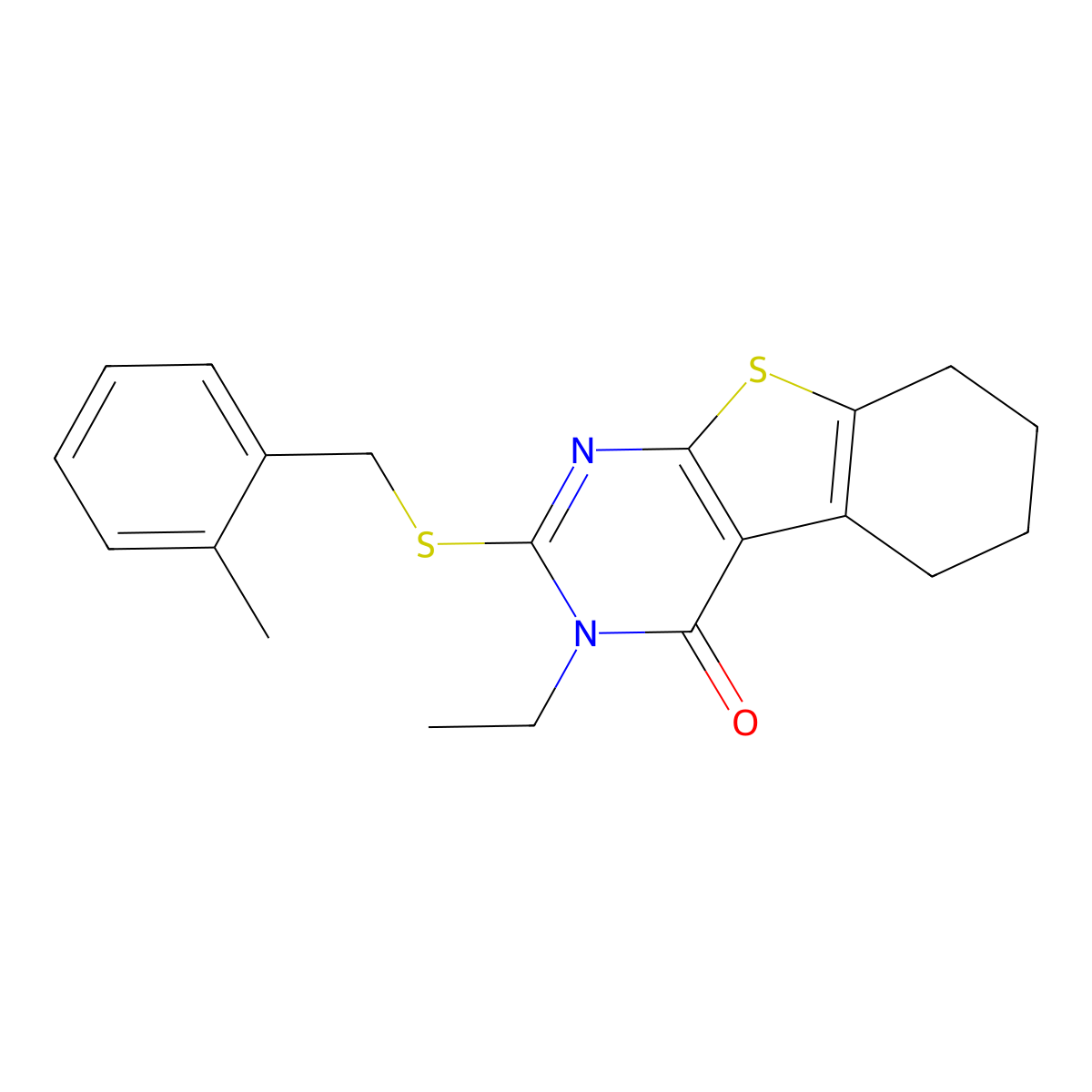 3-ethyl-2-[(2-methylbenzyl)sulfanyl]-5,6,7,8-tetrahydro[1]benzothieno[2,3-d]pyrimidin-4(3H)-one molecular structure, CAS 679413-86-6